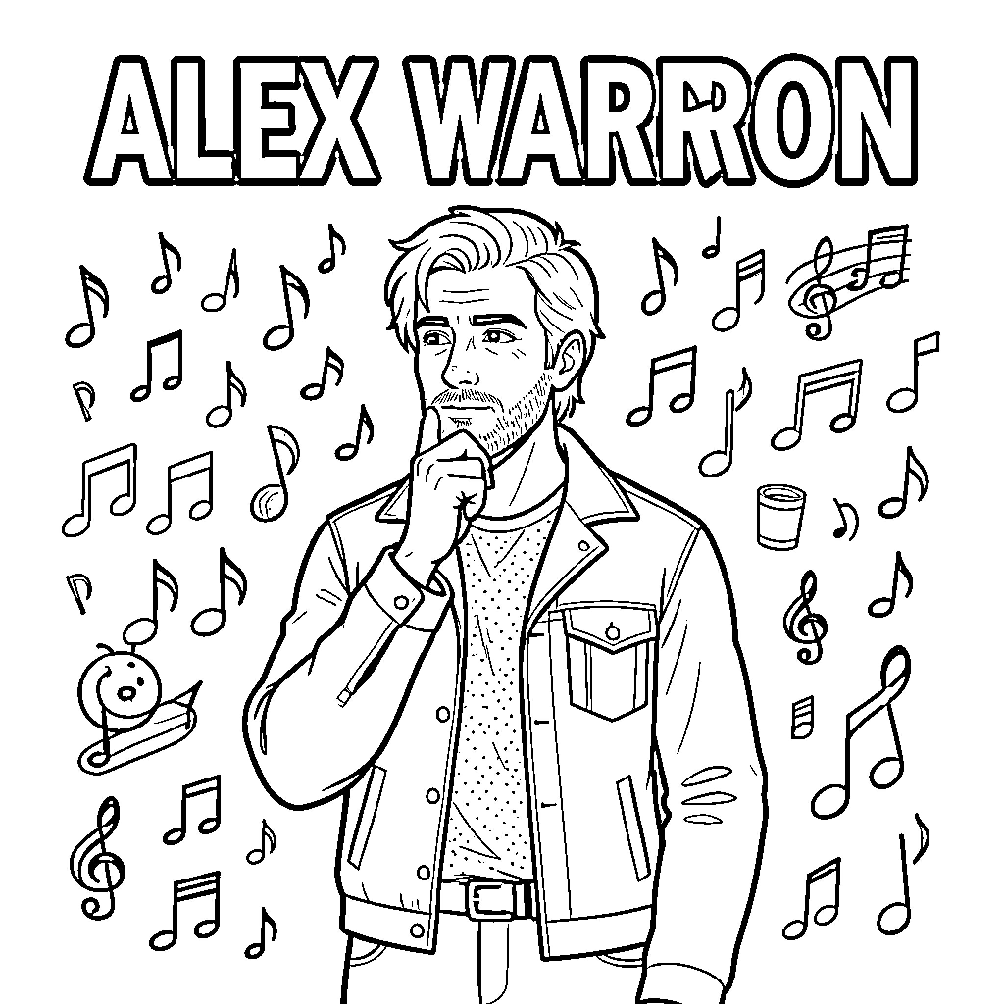 Alex Warren posing thoughtfully surrounded by musical notes Coloring Page (free black-and-white line drawing printable PDF for all, from beginners to advanced learners, including children, teens, adults, and seniors)