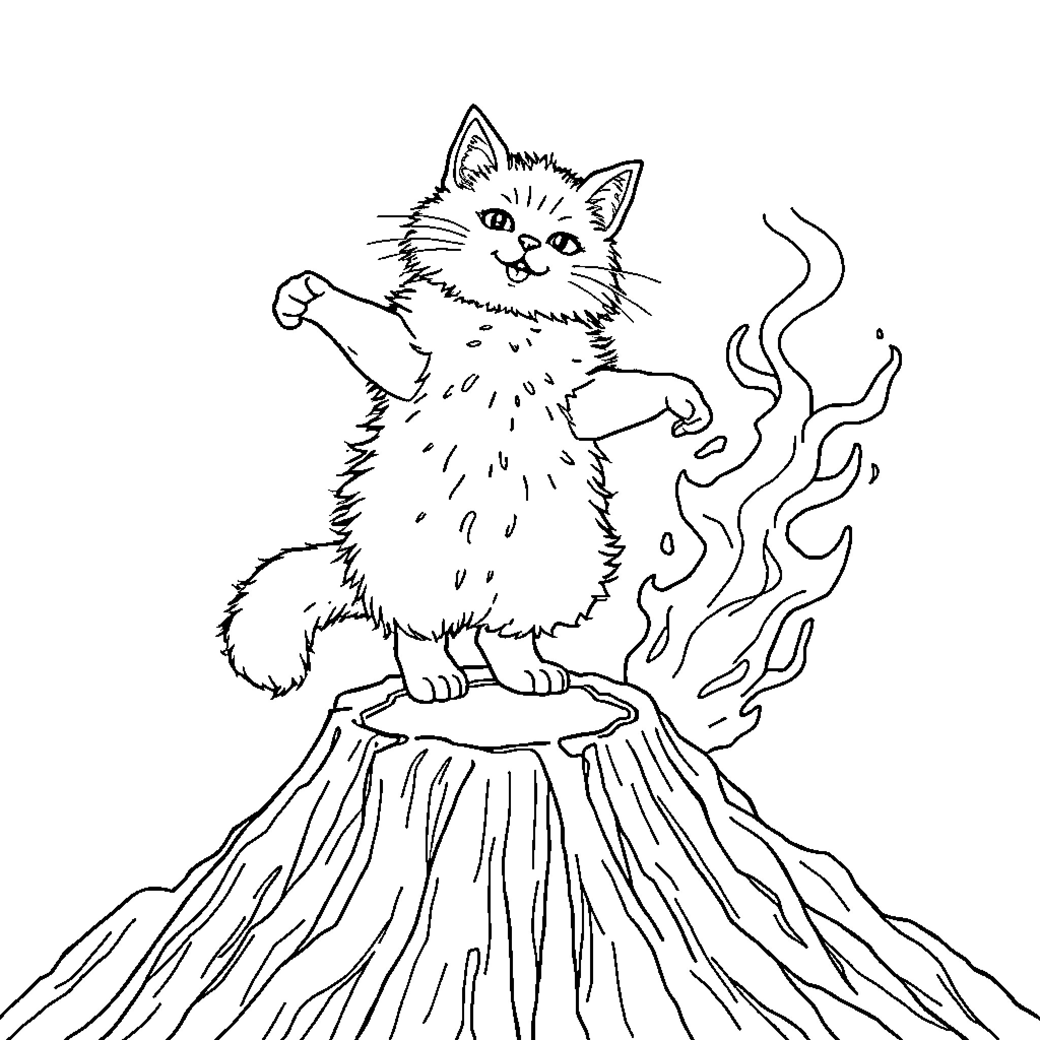 Cat contemplating on a volcanic rock Coloring Page (free black-and-white line drawing printable PDF for all, from beginners to advanced learners, including children, teens, adults, and seniors)
