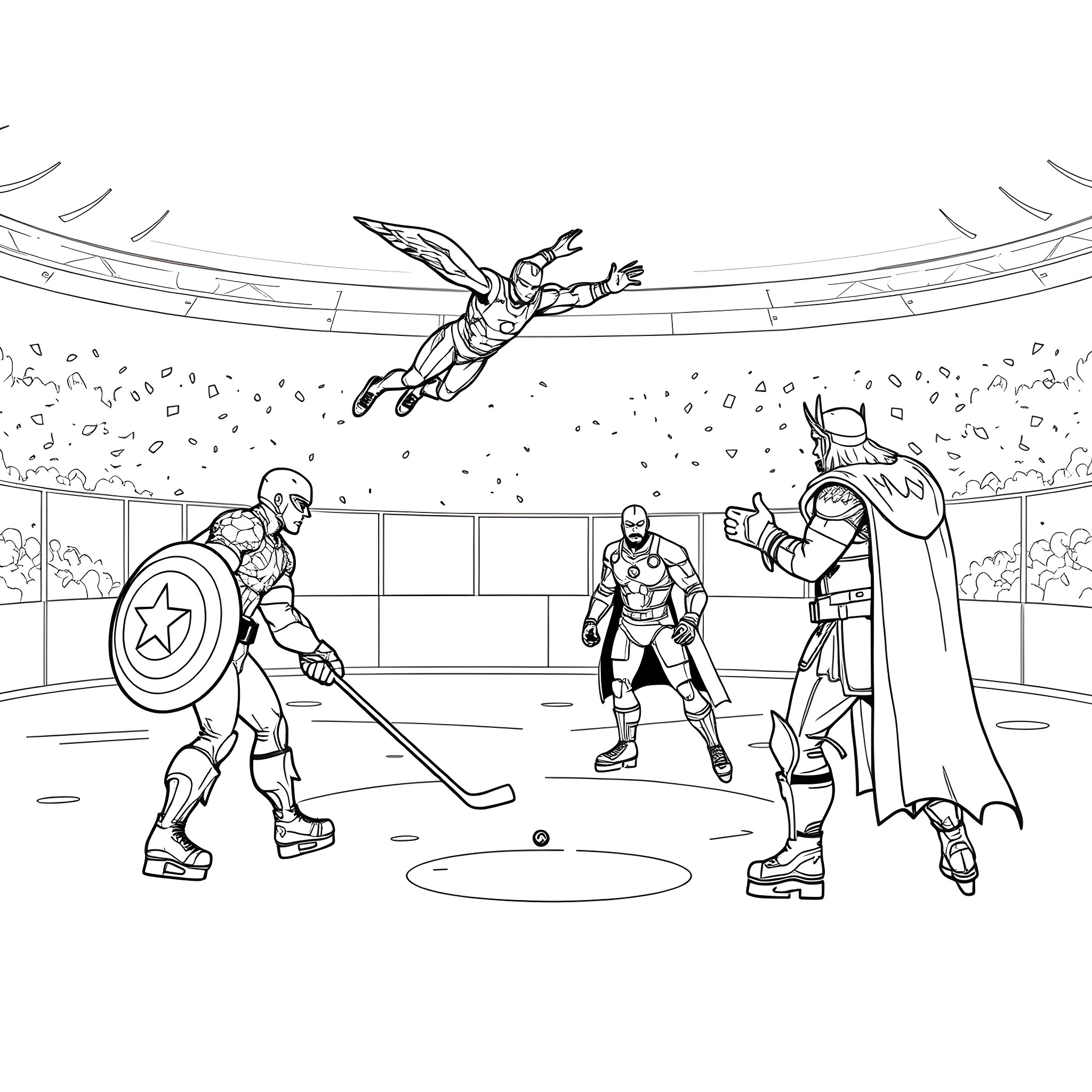 Avenger Heroes' Action-Packed Battle in the Arena Coloring Page (free black-and-white line drawing printable PDF for all, from beginners to advanced learners, including children, teens, adults, and seniors)