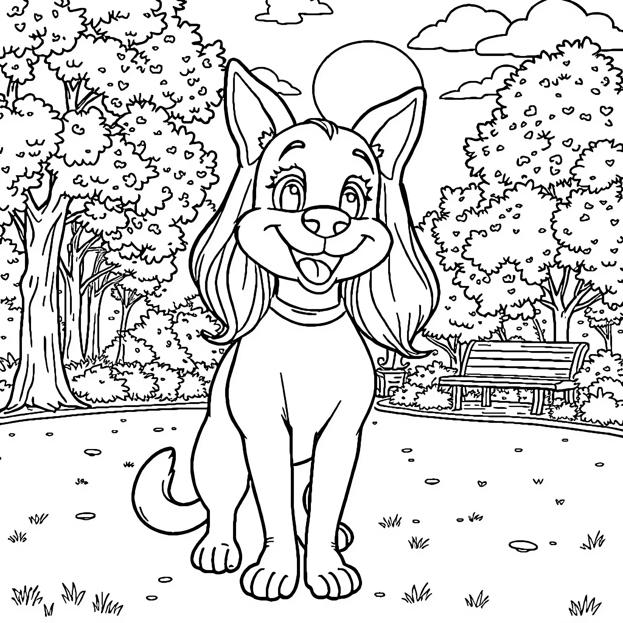Delilah's Outdoor Adventure Coloring Page (free black-and-white line drawing printable PDF for all, from beginners to advanced learners, including children, teens, adults, and seniors)