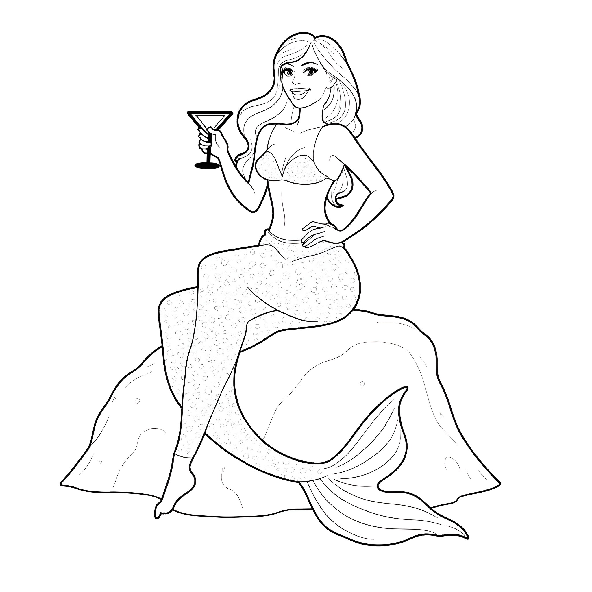 Mermaid with cocktail drink enjoying herself Coloring Page (free black-and-white line drawing printable PDF for all, from beginners to advanced learners, including children, teens, adults, and seniors)