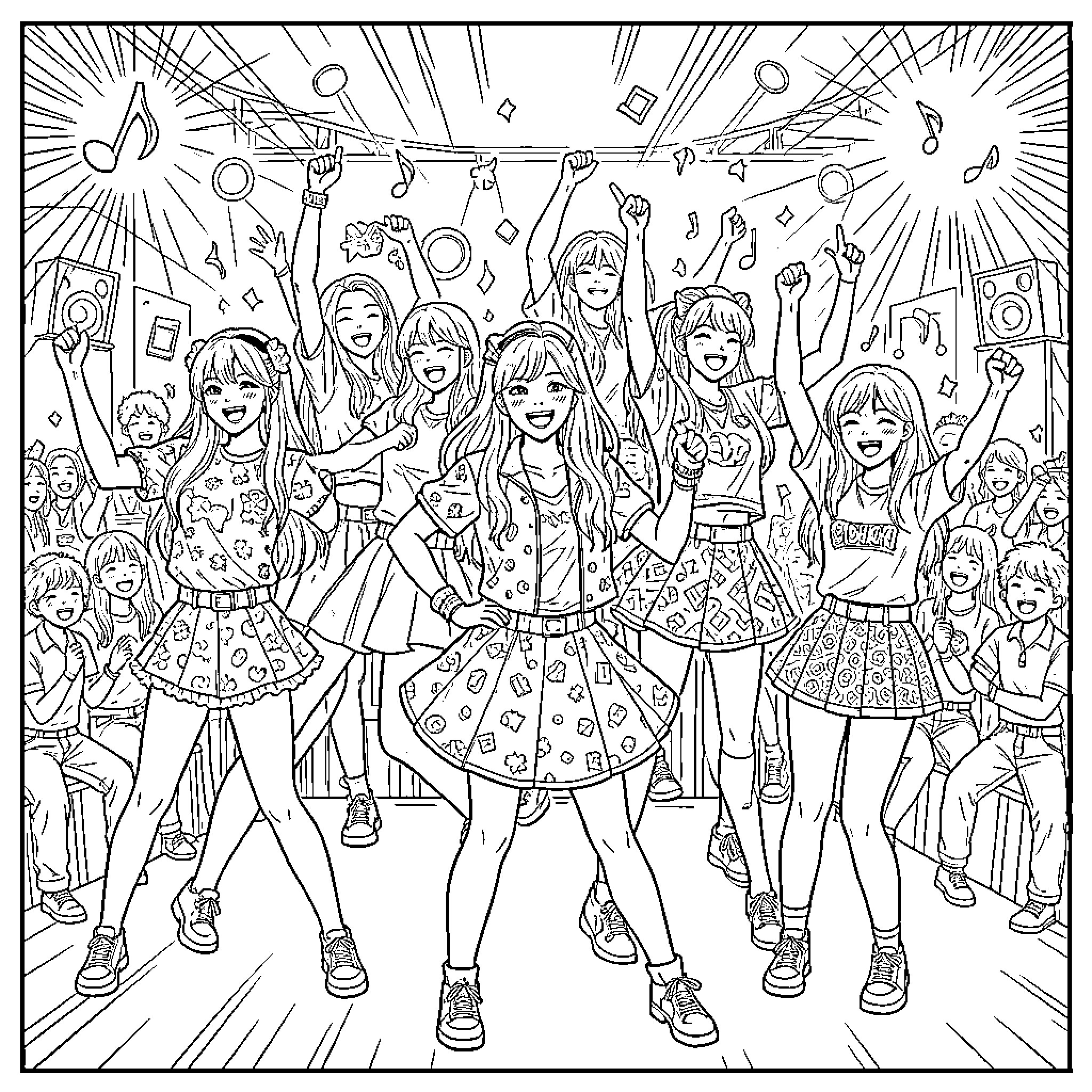 Kpop girl group performing energetic dance on stage Coloring Page (free black-and-white line drawing printable PDF for all, from beginners to advanced learners, including children, teens, adults, and seniors)