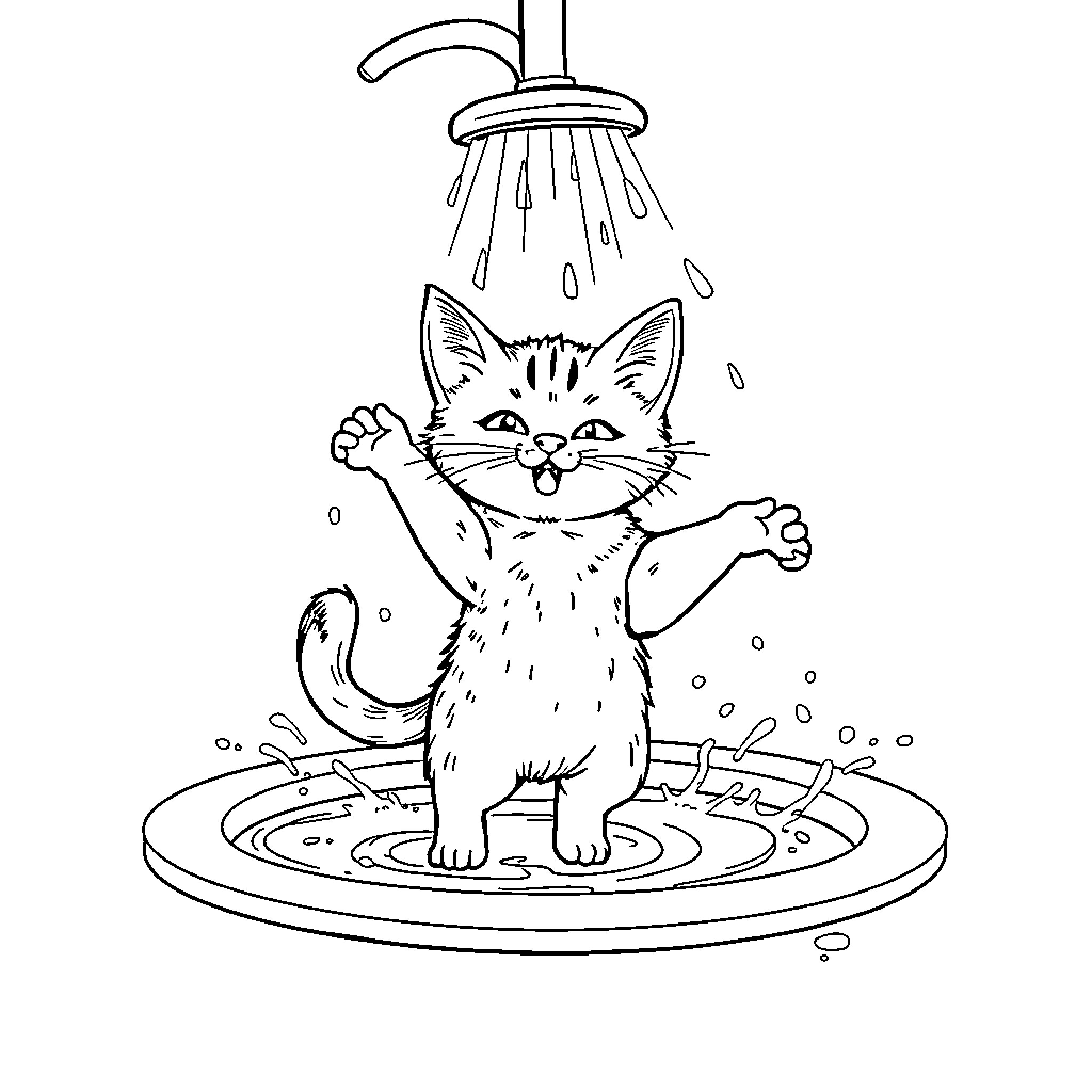 Chichi Cat enjoying a refreshing shower Coloring Page (free black-and-white line drawing printable PDF for all, from beginners to advanced learners, including children, teens, adults, and seniors)