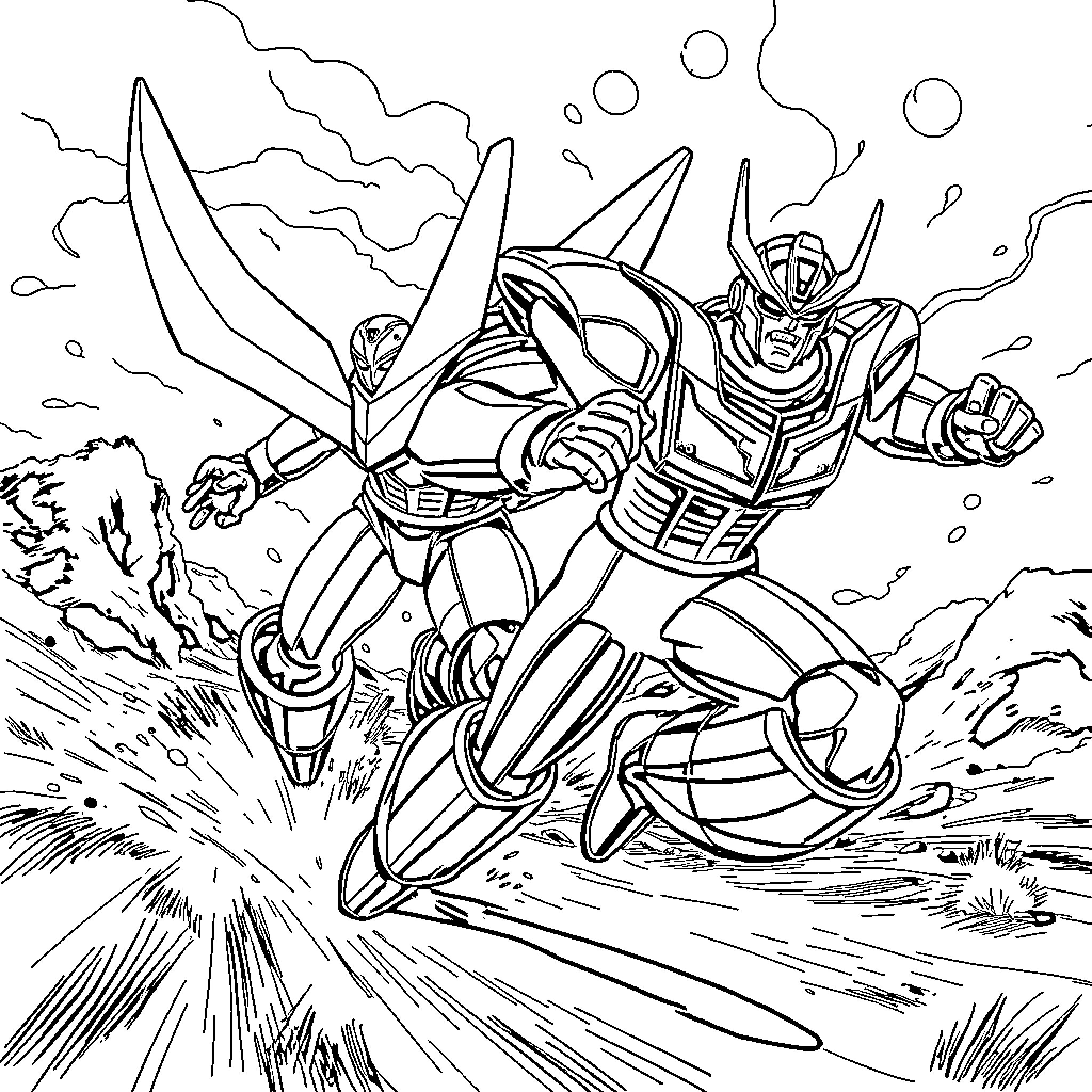 Mazinger Z in Action-Packed Battle Scene Coloring Page (free black-and-white line drawing printable PDF for all, from beginners to advanced learners, including children, teens, adults, and seniors)