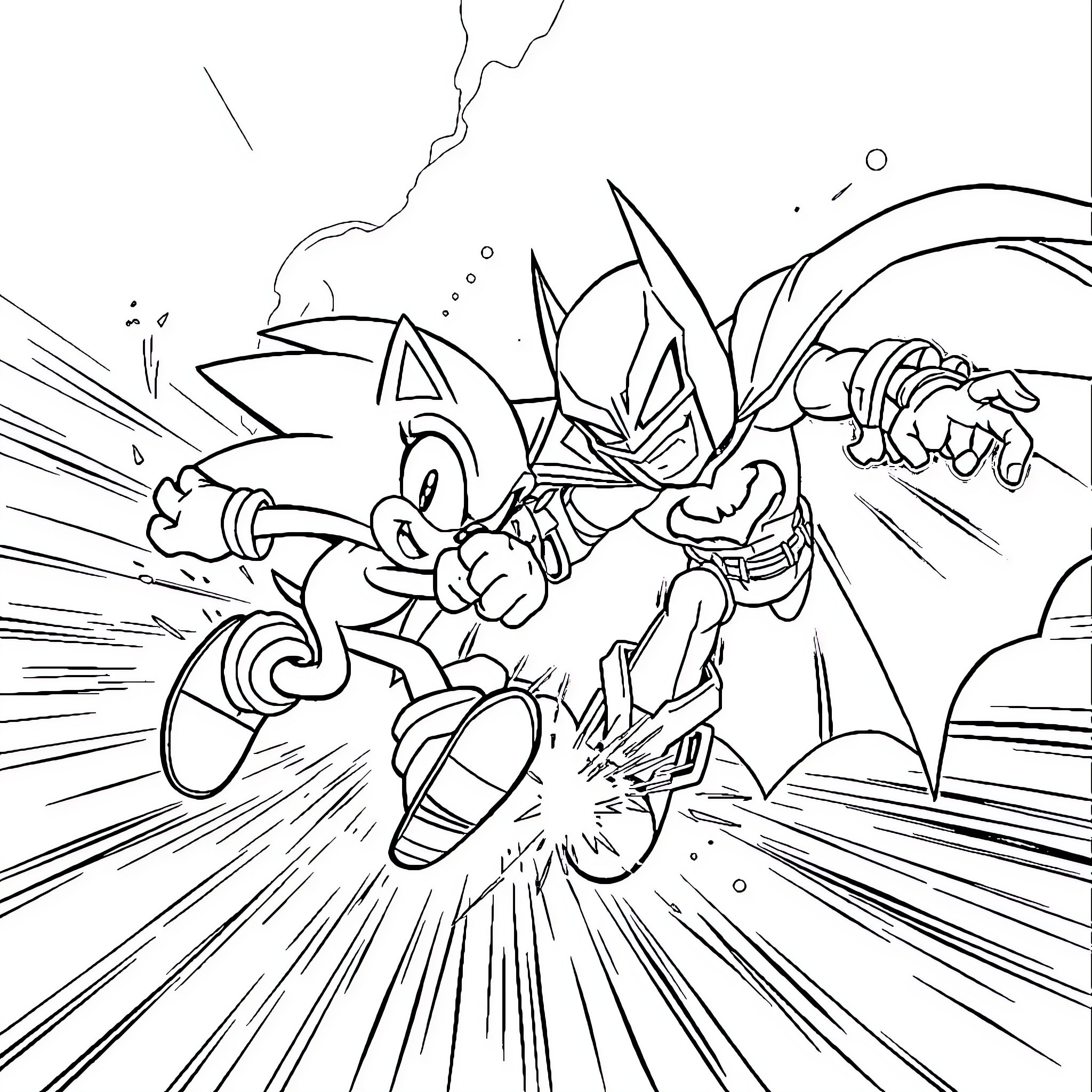 Sonic Dashing Swiftly Against Menacing Foe Coloring Page (free black-and-white line drawing printable PDF for all, from beginners to advanced learners, including children, teens, adults, and seniors)