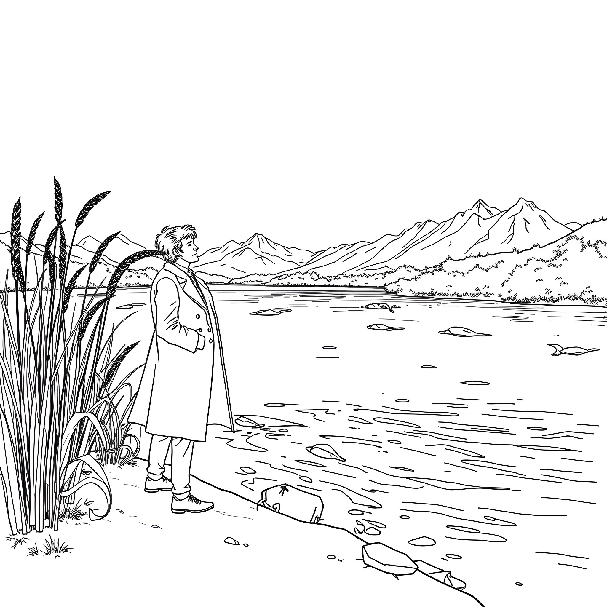 Doctor Examining Nature's Wonders by the Lakeside Coloring Page (free black-and-white line drawing printable PDF for all, from beginners to advanced learners, including children, teens, adults, and seniors)