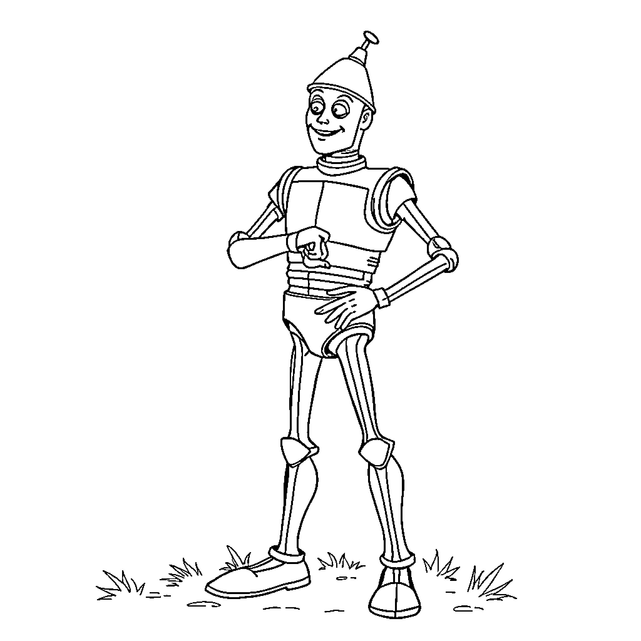 Tin Man exploring the meadow with excitement Coloring Page (free black-and-white line drawing printable PDF for all, from beginners to advanced learners, including children, teens, adults, and seniors)