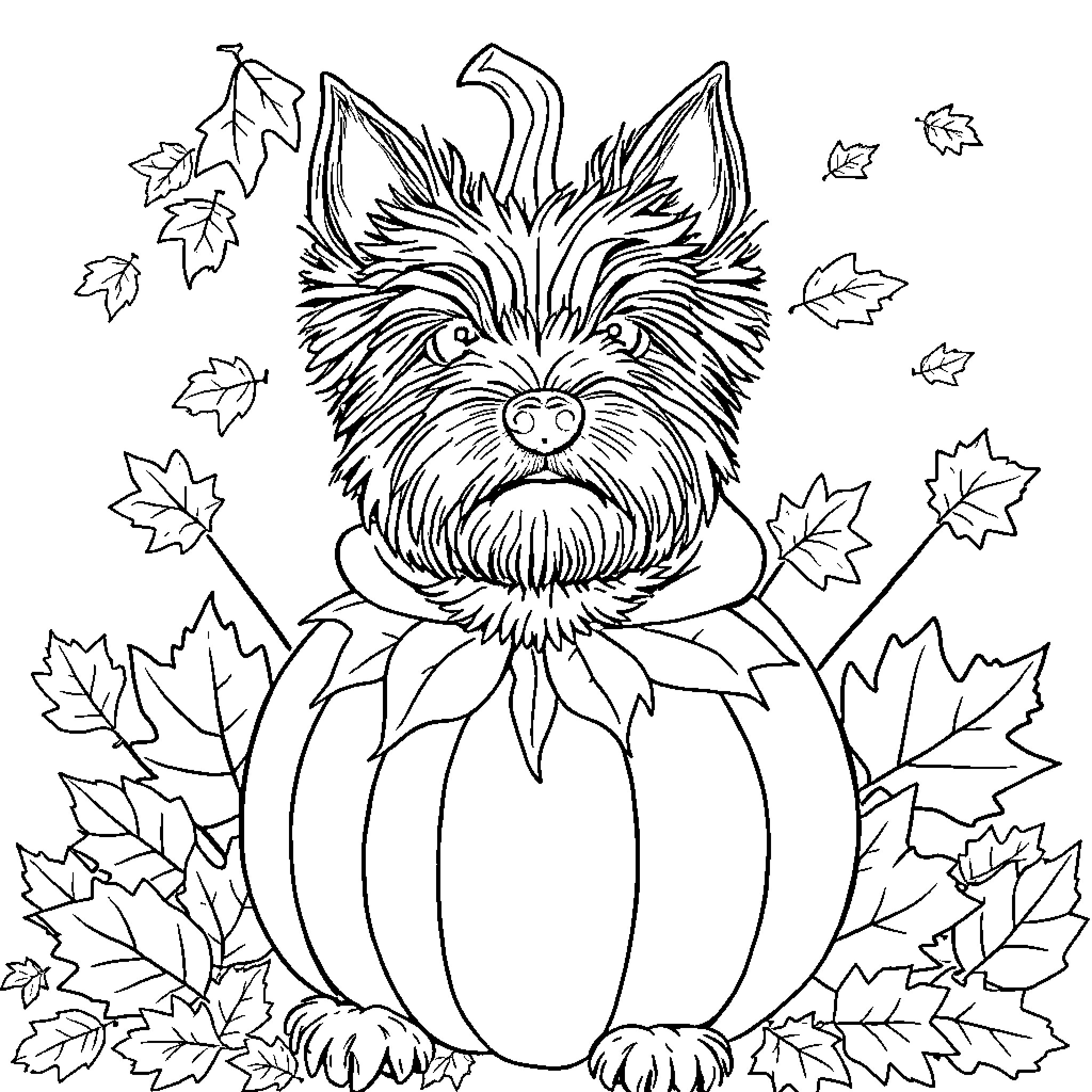 Cairn Terrier sitting on a pumpkin surrounded by leaves Coloring Page (free black-and-white line drawing printable PDF for all, from beginners to advanced learners, including children, teens, adults, and seniors)