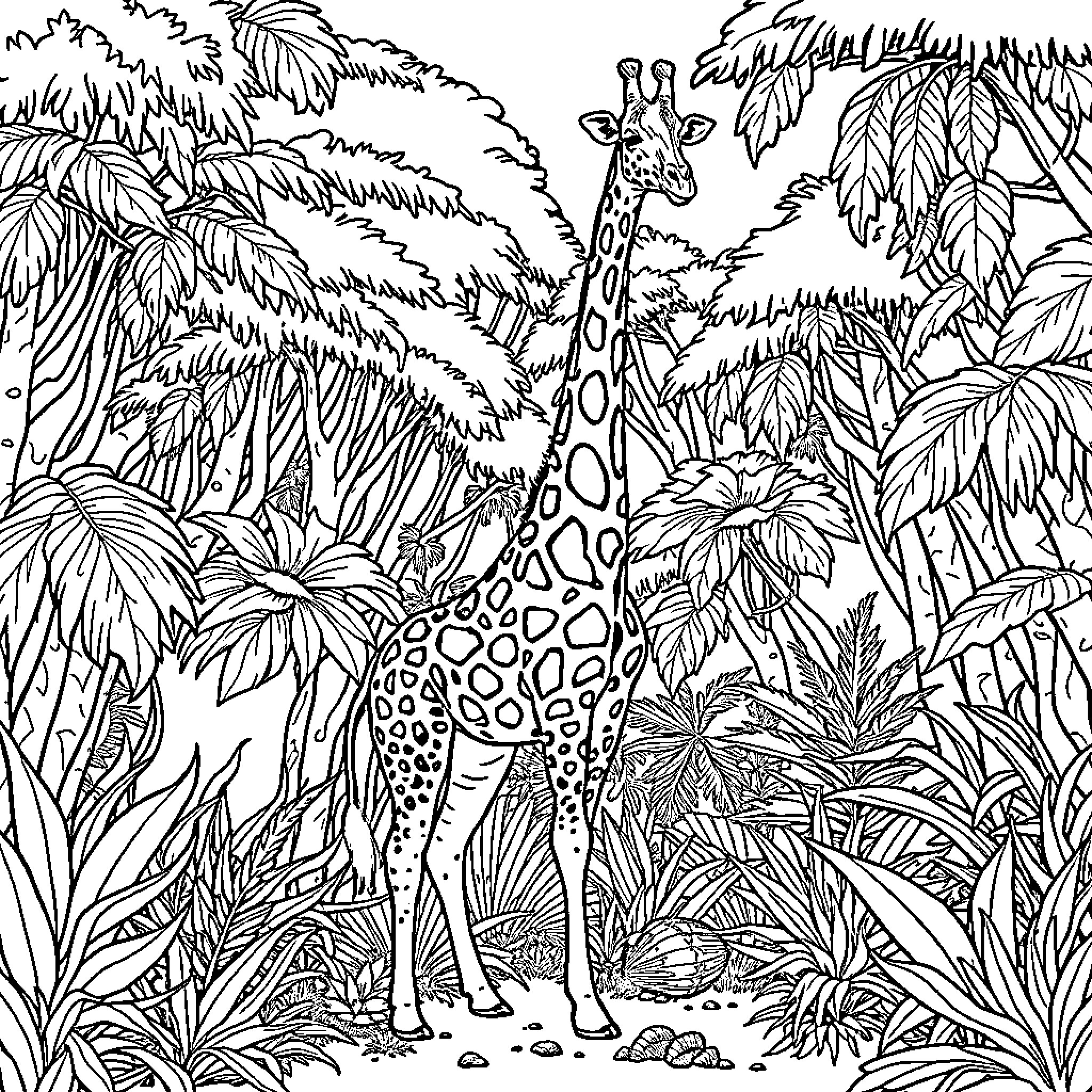 Giraffe exploring the lush jungle landscape Coloring Page (free black-and-white line drawing printable PDF for all, from beginners to advanced learners, including children, teens, adults, and seniors)