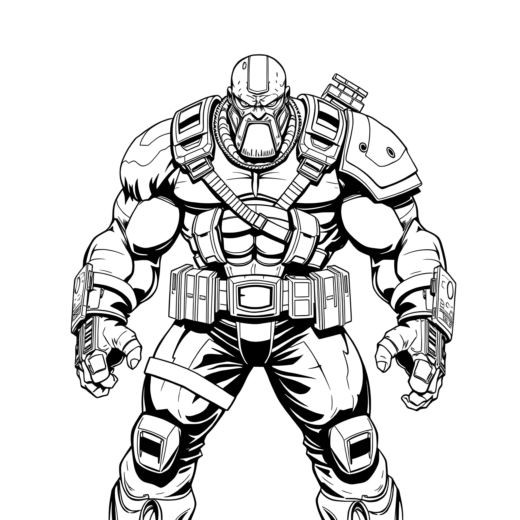 Nuke Warrior in Futuristic Armored Suit Coloring Page (free black-and-white line drawing printable PDF for all, from beginners to advanced learners, including children, teens, adults, and seniors)