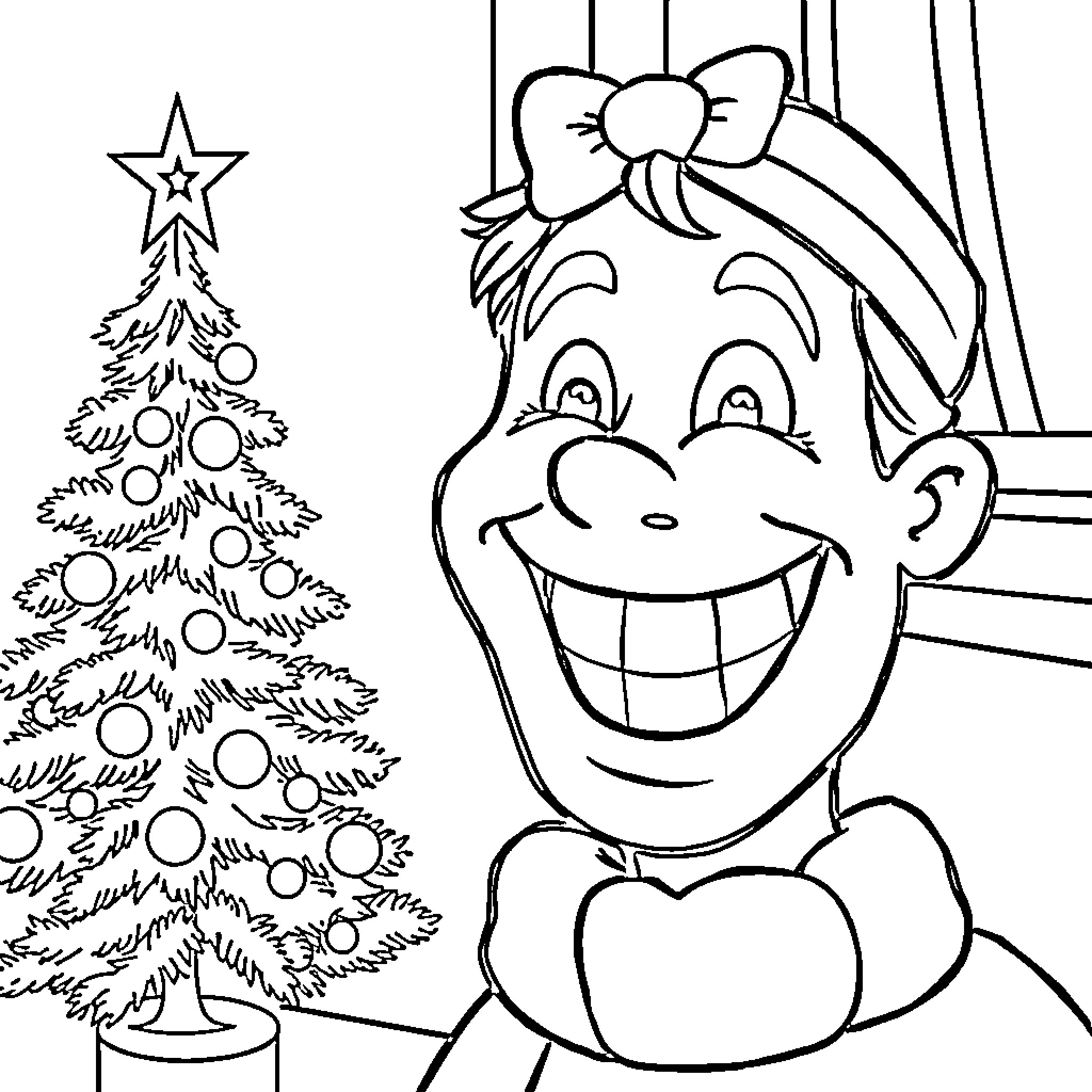 Tooth Fairy Admiring the Christmas Tree Coloring Page (free black-and-white line drawing printable PDF for all, from beginners to advanced learners, including children, teens, adults, and seniors)