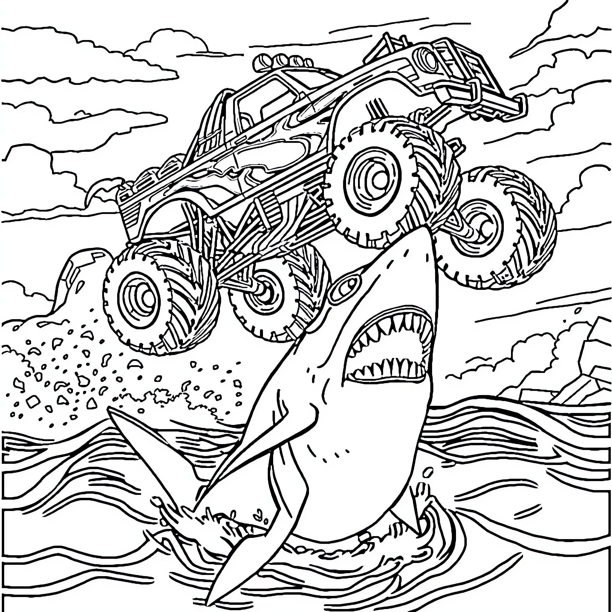 Megalodon Monster Truck Crushing Sharks in the Ocean Coloring Page (free black-and-white line drawing printable PDF for all, from beginners to advanced learners, including children, teens, adults, and seniors)