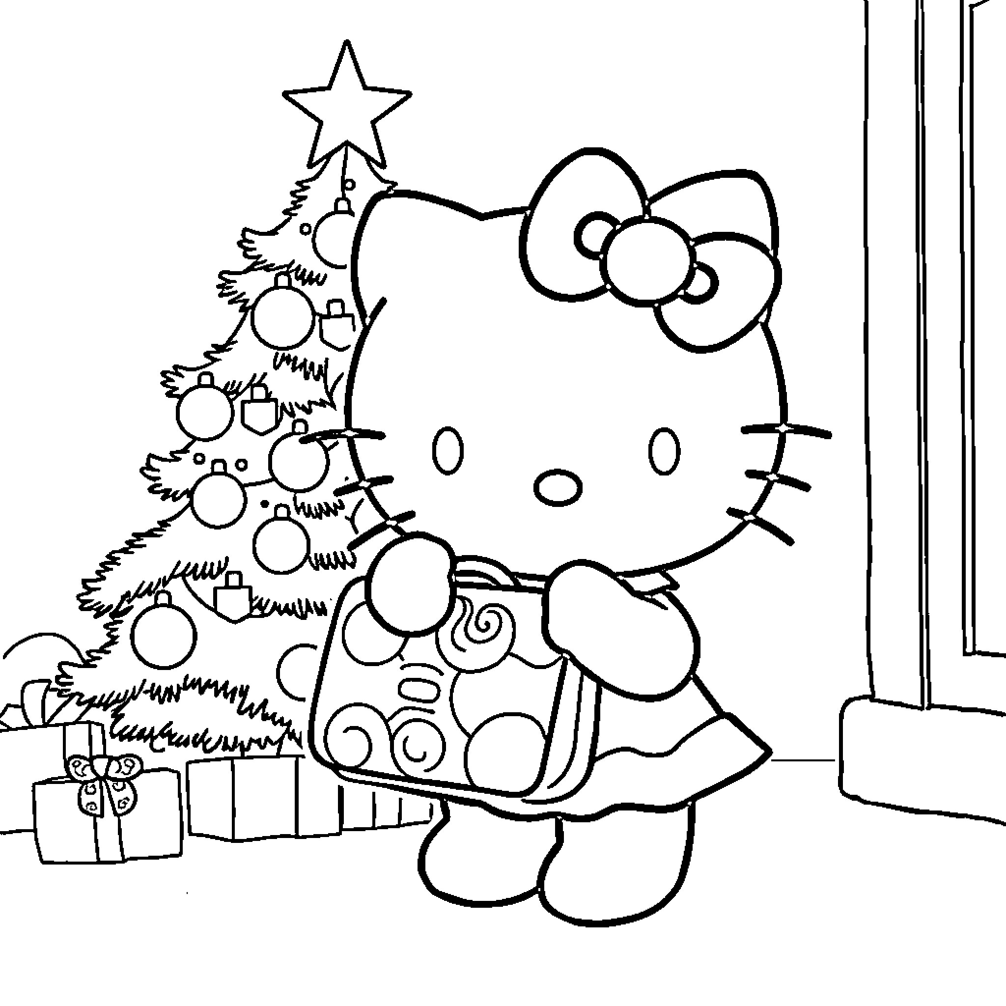 Hello Kitty decorating a Christmas tree Coloring Page (free black-and-white line drawing printable PDF for all, from beginners to advanced learners, including children, teens, adults, and seniors)