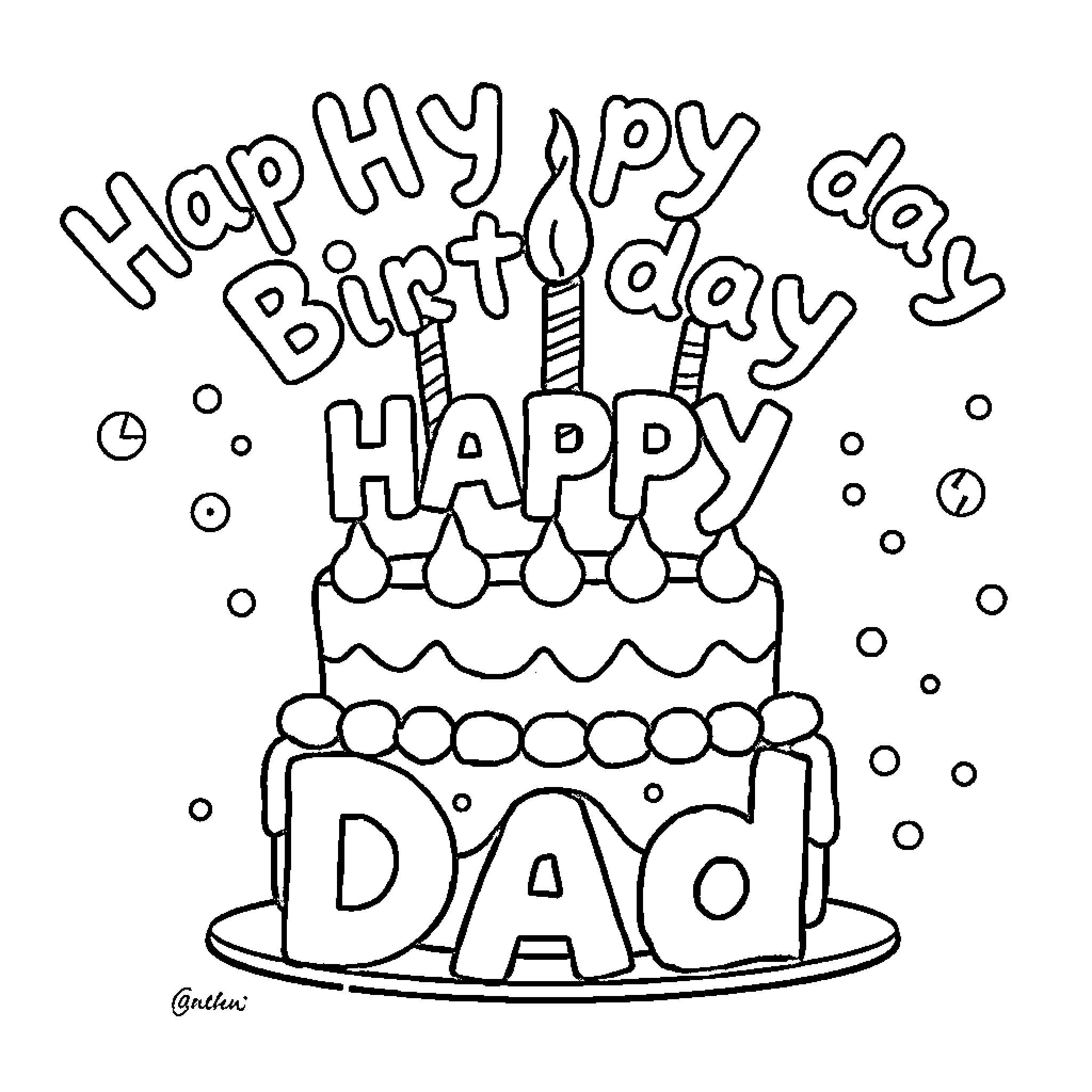 Father celebrates Happy Birthday with cake Coloring Page (free black-and-white line drawing printable PDF for all, from beginners to advanced learners, including children, teens, adults, and seniors)