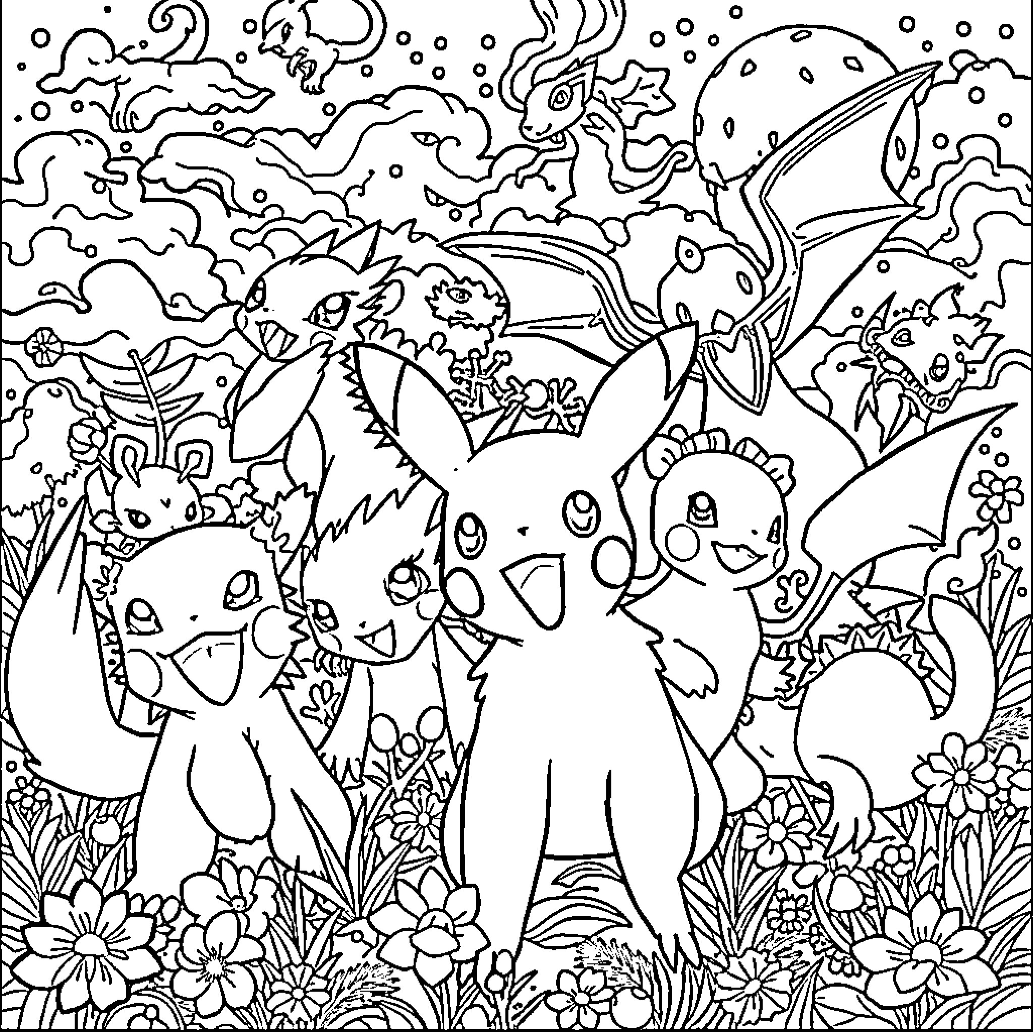 Pokémon characters in a whimsical nature scene Coloring Page (free black-and-white line drawing printable PDF for all, from beginners to advanced learners, including children, teens, adults, and seniors)