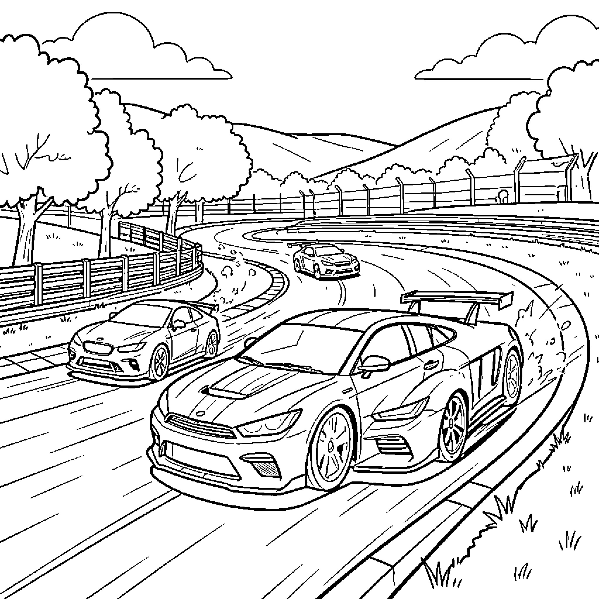 Car racing fast on a winding mountain road Coloring Page (free black-and-white line drawing printable PDF for all, from beginners to advanced learners, including children, teens, adults, and seniors)