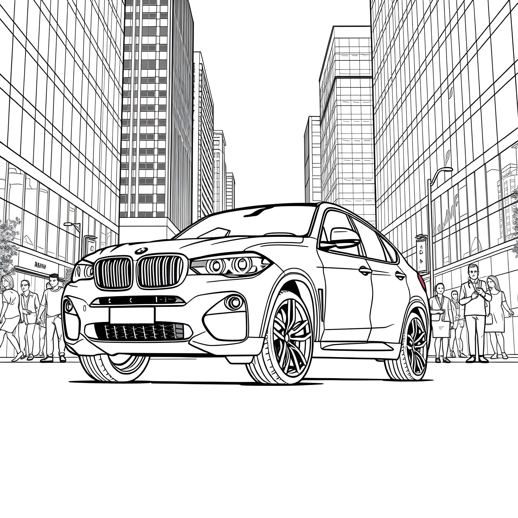 Bmw X6 in a busy urban setting Coloring Page (free black-and-white line drawing printable PDF for all, from beginners to advanced learners, including children, teens, adults, and seniors)