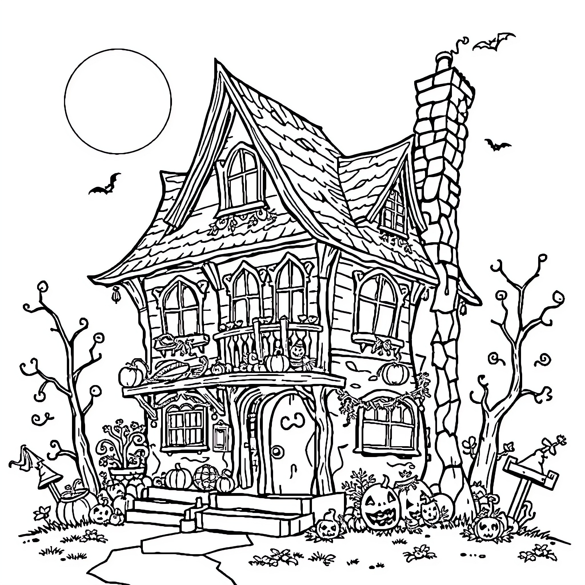 Witch House with Spooky Decorations and Characters Coloring Page (free black-and-white line drawing printable PDF for all, from beginners to advanced learners, including children, teens, adults, and seniors)