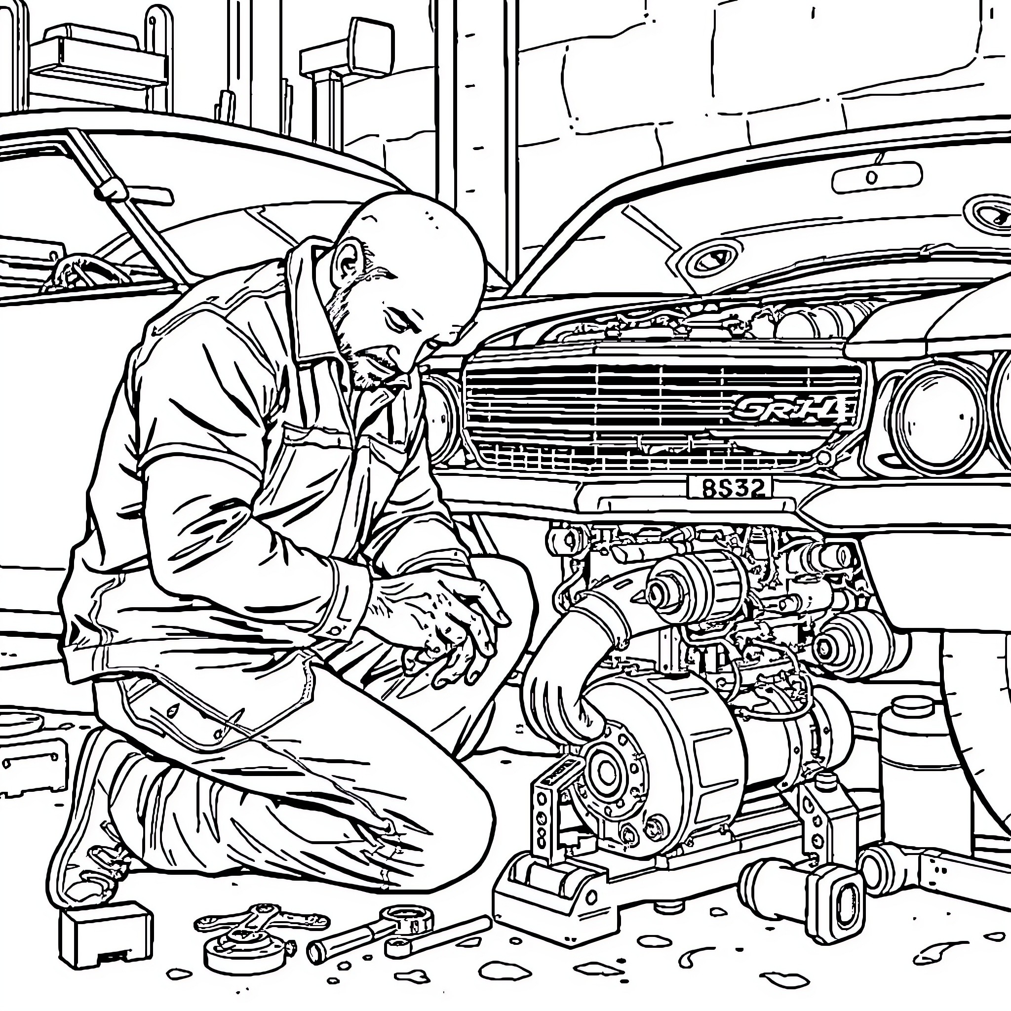 Derek Bieri working diligently on car engine repair Coloring Page (free black-and-white line drawing printable PDF for all, from beginners to advanced learners, including children, teens, adults, and seniors)