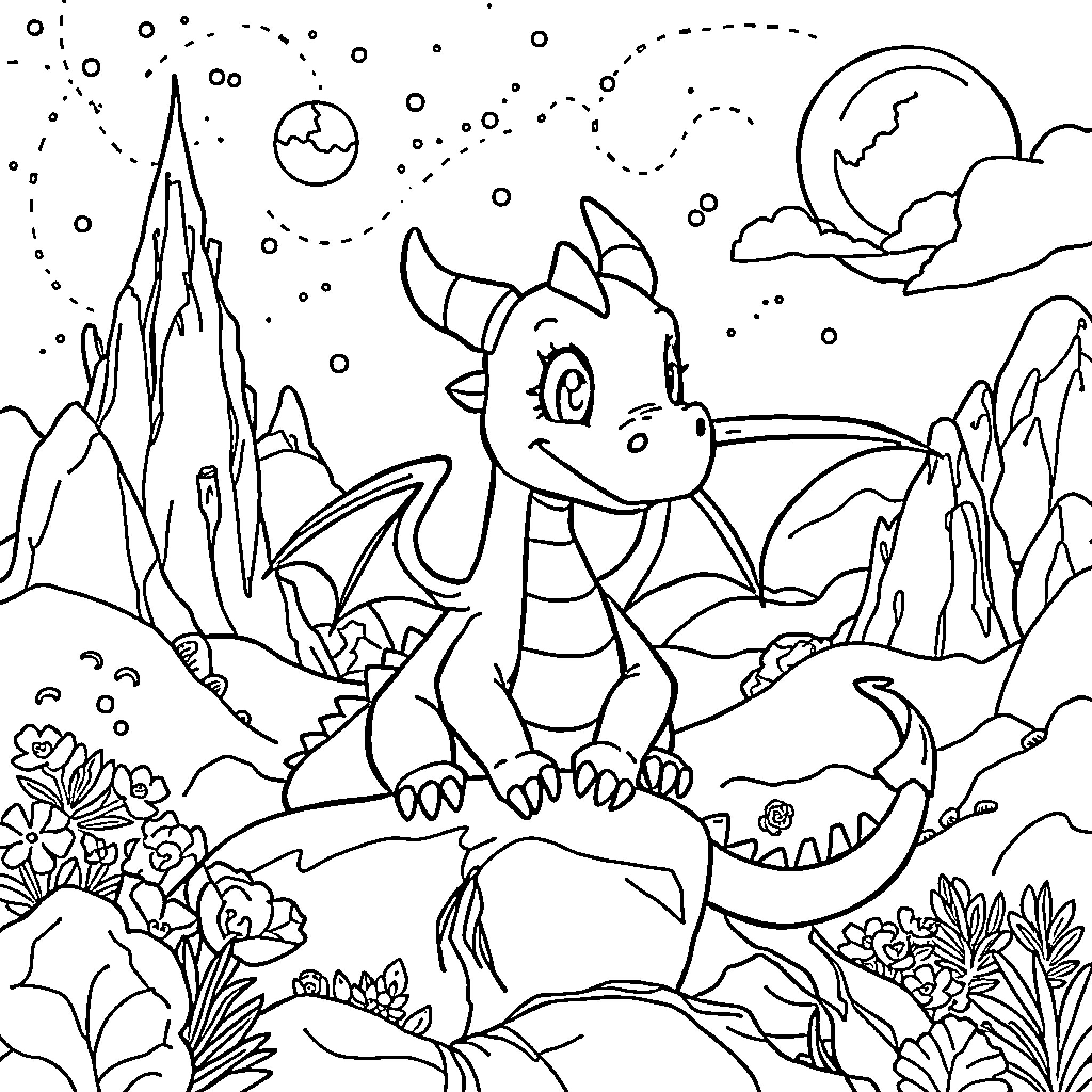 Figment's Whimsical Adventure in a Fantastical Landscape Coloring Page (free black-and-white line drawing printable PDF for all, from beginners to advanced learners, including children, teens, adults, and seniors)
