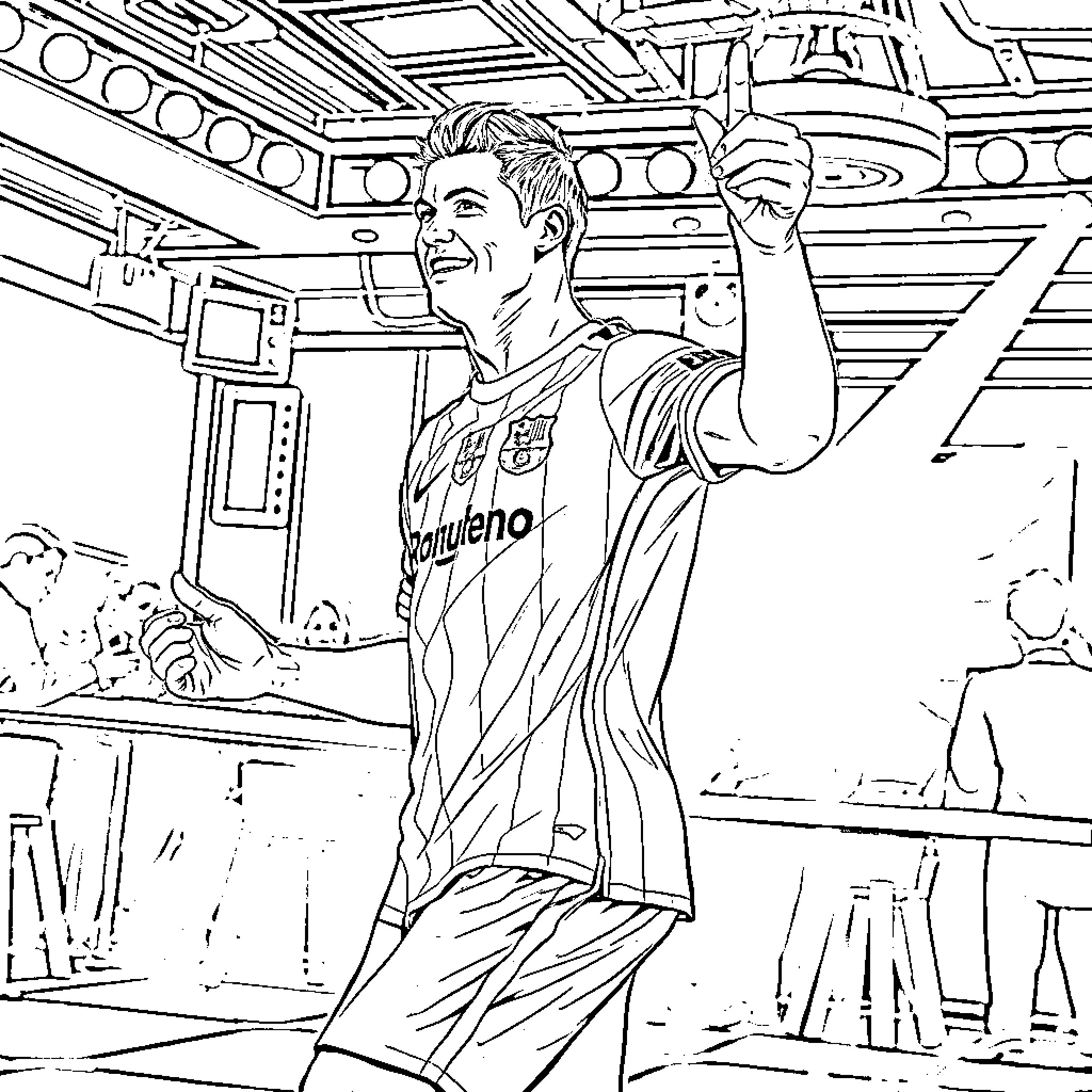 Cristiano Ronaldo Celebrating Soccer Victory Coloring Page (free black-and-white line drawing printable PDF for all, from beginners to advanced learners, including children, teens, adults, and seniors)
