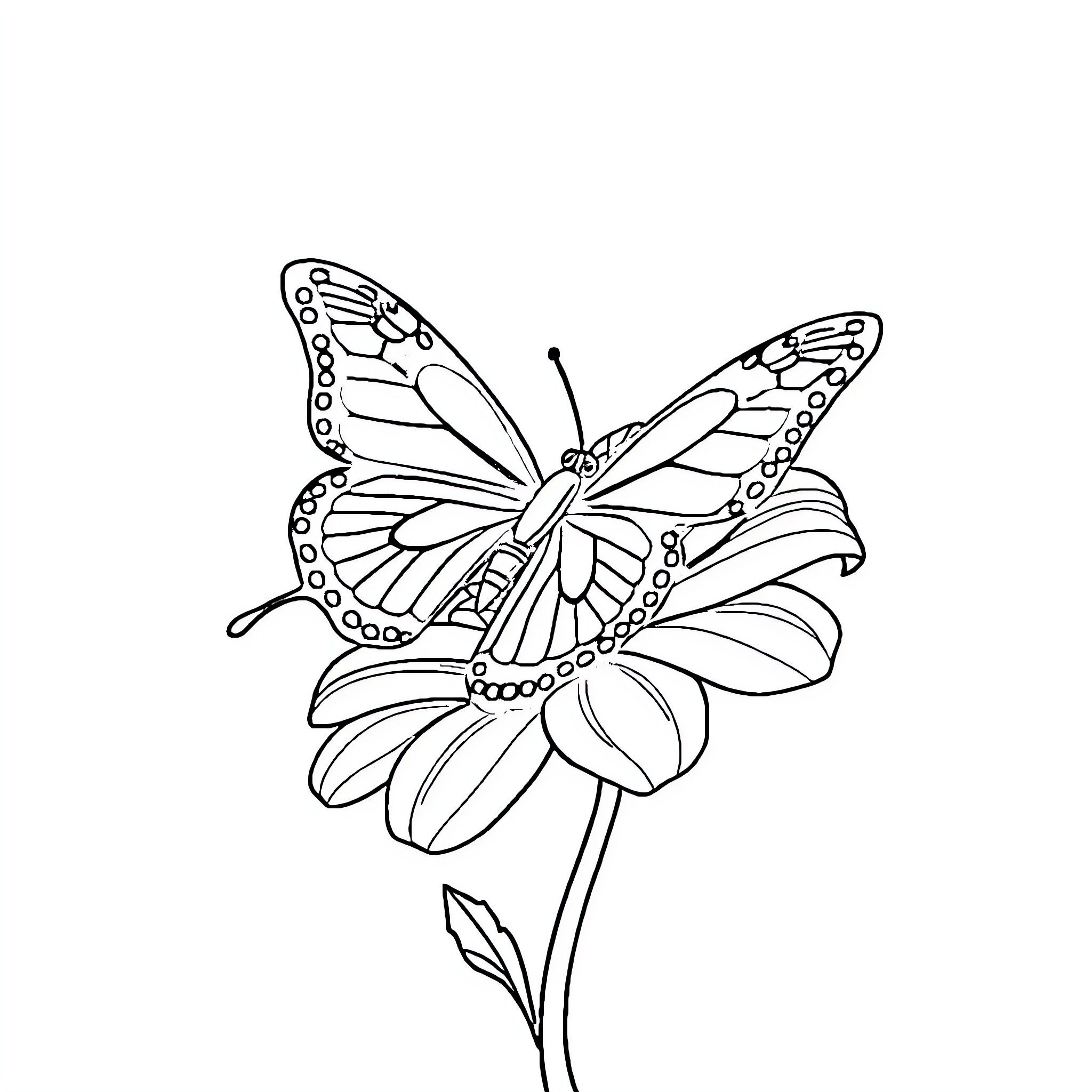 Butterfly resting on a flower Coloring Page (free black-and-white line drawing printable PDF for all, from beginners to advanced learners, including children, teens, adults, and seniors)