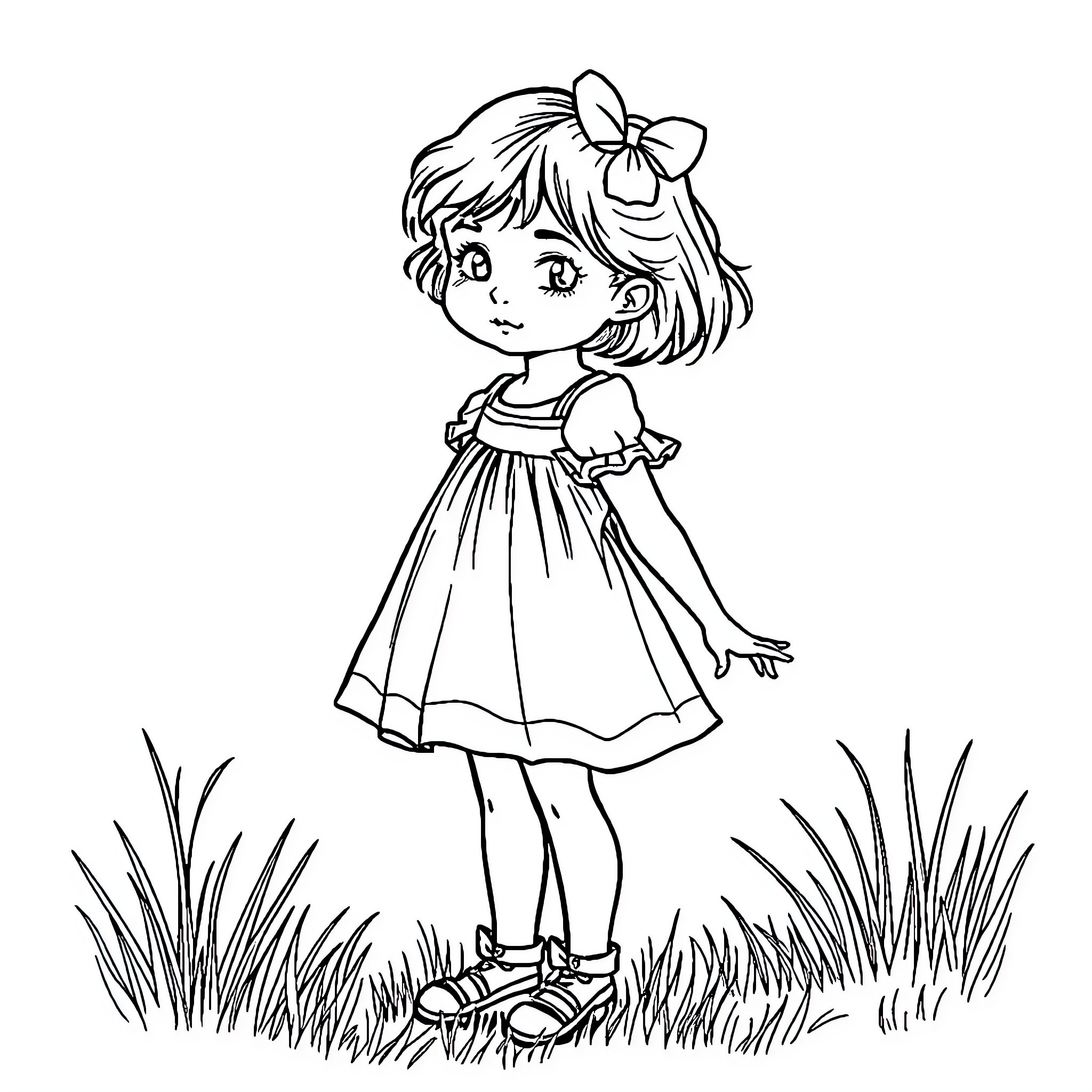 Girl in elegant dress standing in the grass Coloring Page (free black-and-white line drawing printable PDF for all, from beginners to advanced learners, including children, teens, adults, and seniors)