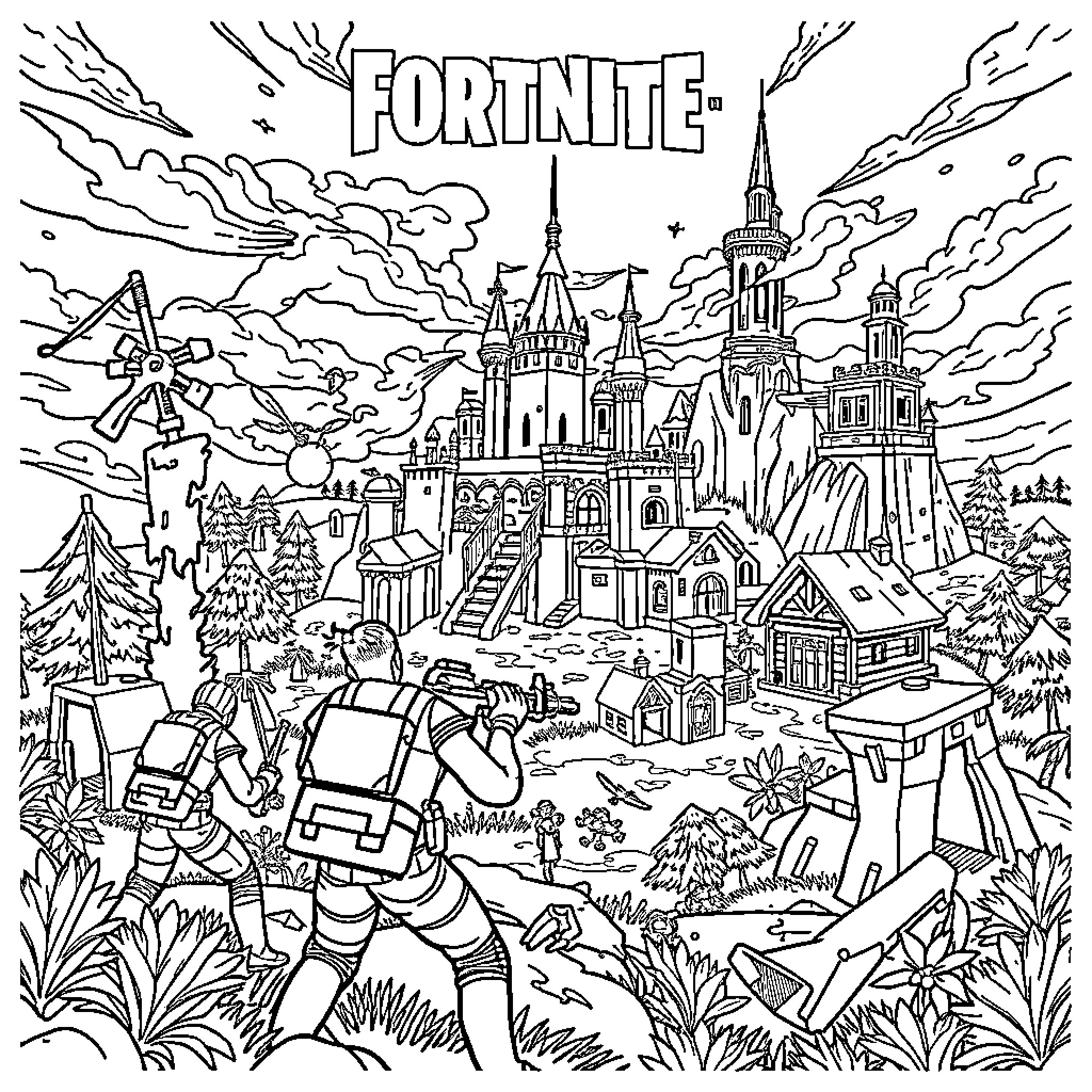 Fortnite: Adventurous Exploration in a Fantastical Landscape Coloring Page (free black-and-white line drawing printable PDF for all, from beginners to advanced learners, including children, teens, adults, and seniors)