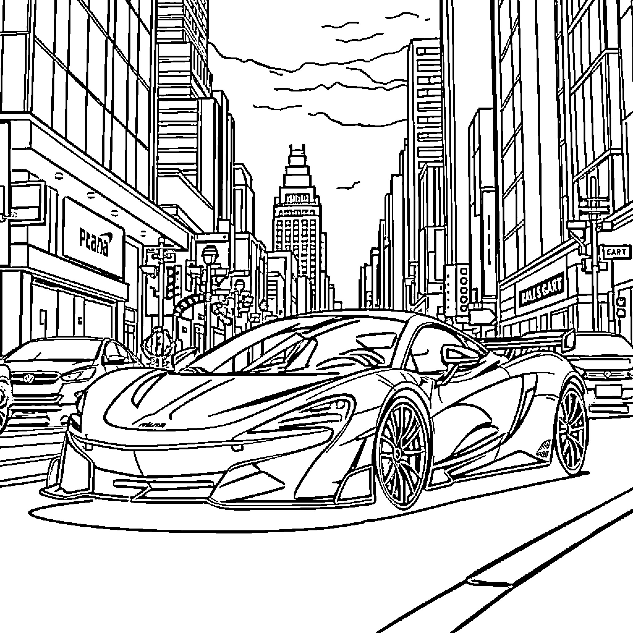 McLaren supercar in busy city street Coloring Page (free black-and-white line drawing printable PDF for all, from beginners to advanced learners, including children, teens, adults, and seniors)