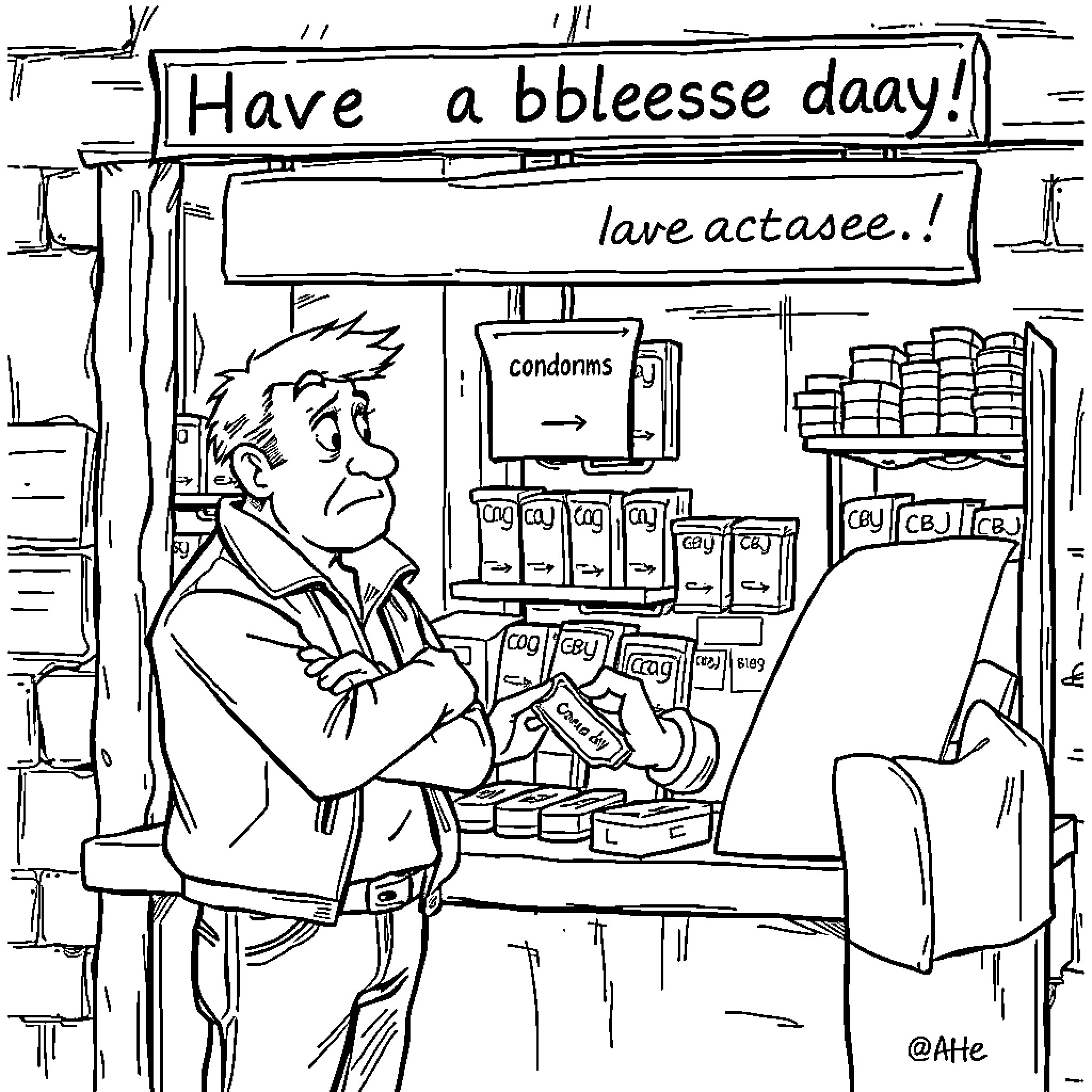 Man in a store purchasing condoms and other items Coloring Page (free black-and-white line drawing printable PDF for all, from beginners to advanced learners, including children, teens, adults, and seniors)
