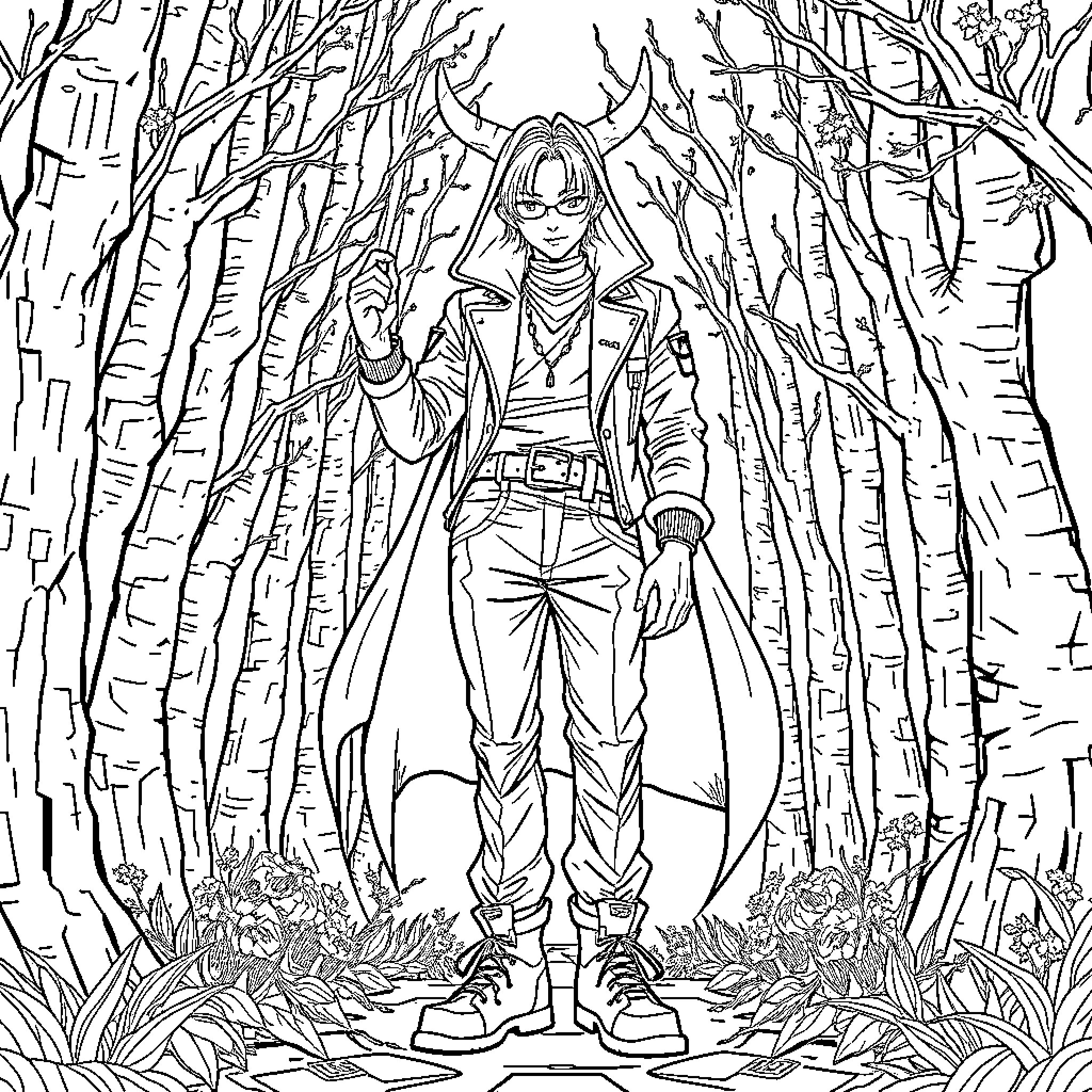 Demon Hunter walks confidently through the forest Coloring Page (free black-and-white line drawing printable PDF for all, from beginners to advanced learners, including children, teens, adults, and seniors)