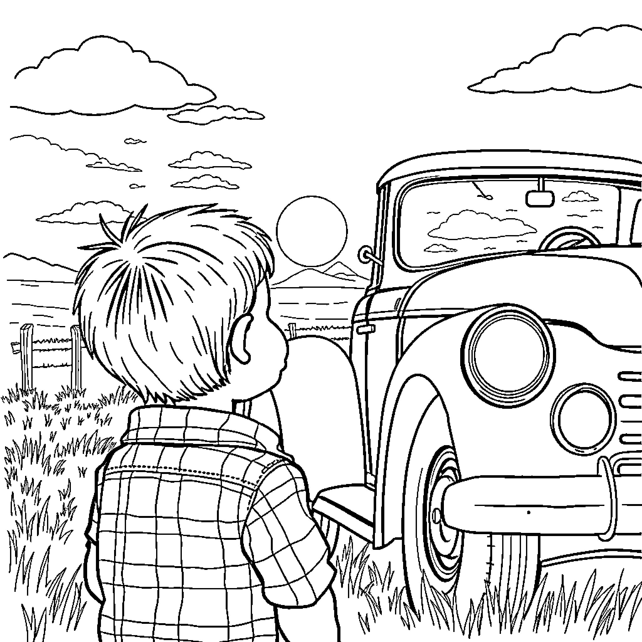 Boy looking at an old car in the countryside Coloring Page (free black-and-white line drawing printable PDF for all, from beginners to advanced learners, including children, teens, adults, and seniors)