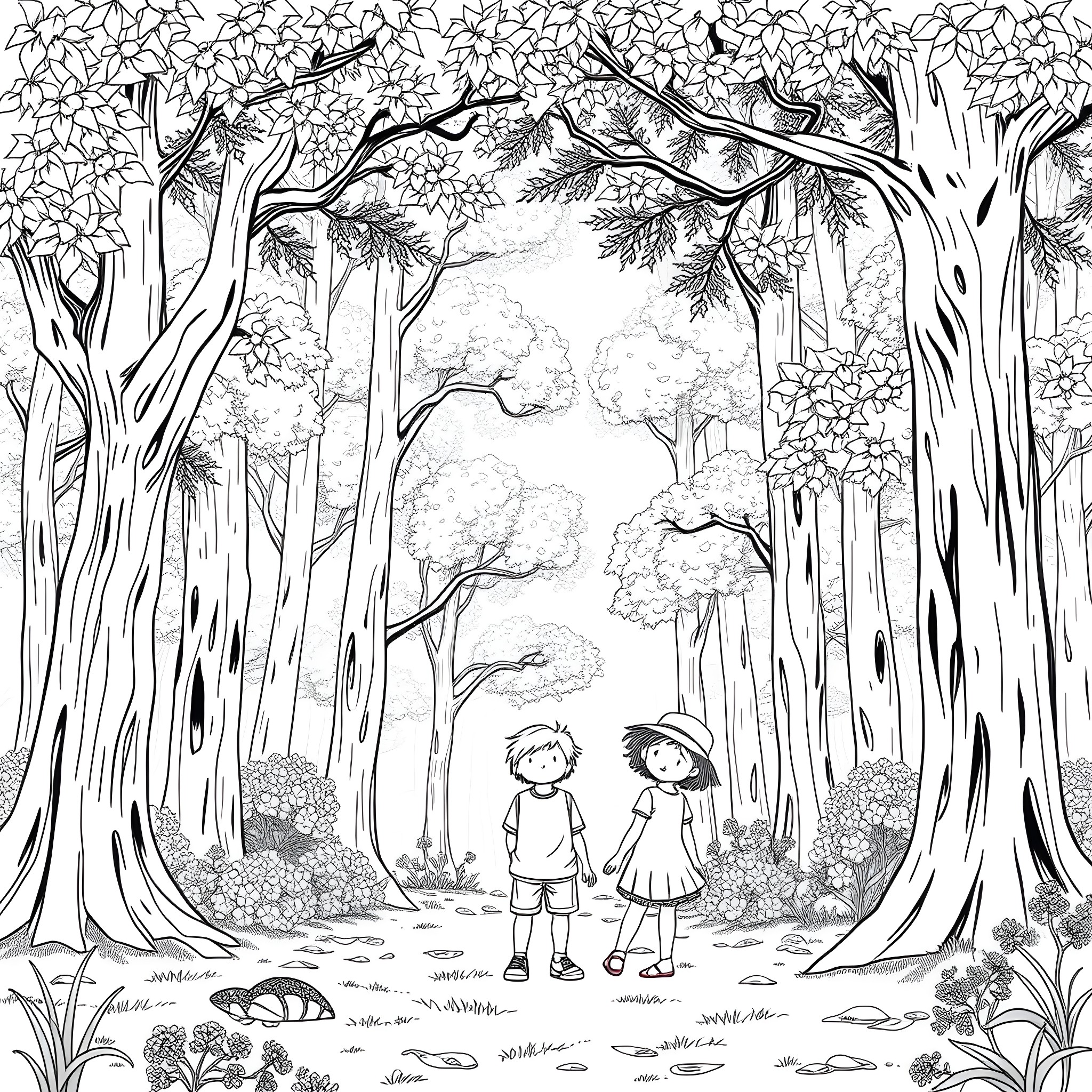 Child Siblings Exploring the Enchanted Forest Coloring Page (free black-and-white line drawing printable PDF for all, from beginners to advanced learners, including children, teens, adults, and seniors)