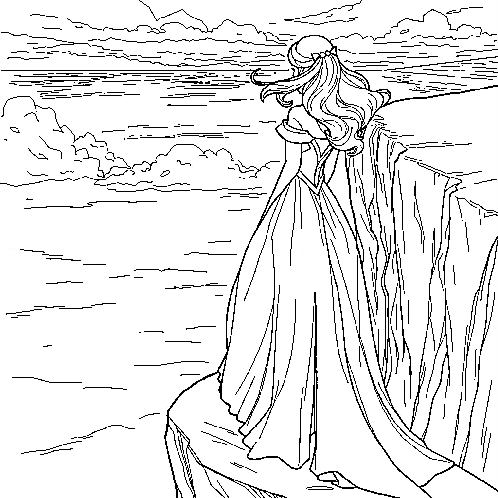 Princess Gazing at the Serene Sunset Coloring Page (free black-and-white line drawing printable PDF for all, from beginners to advanced learners, including children, teens, adults, and seniors)