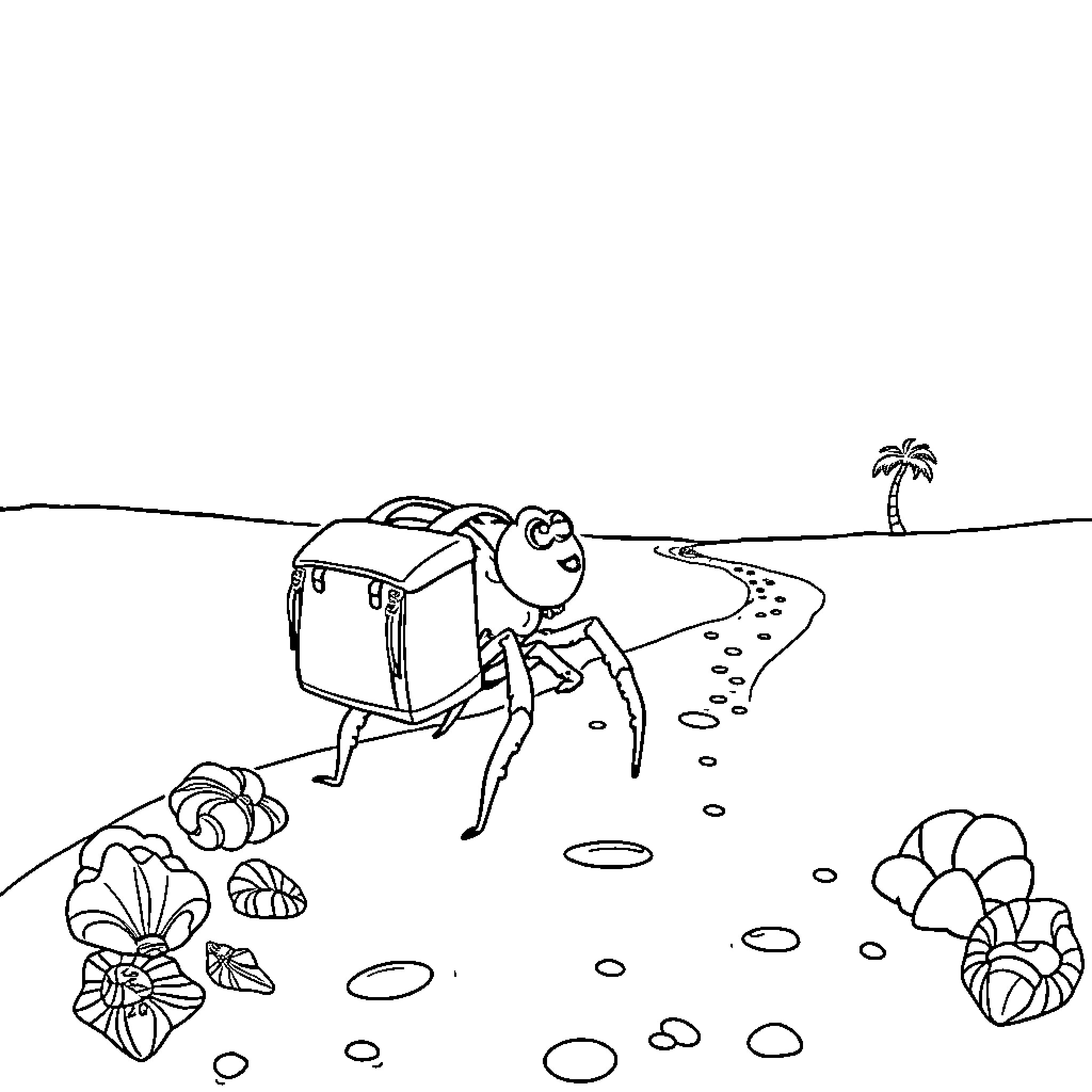 Spider exploring the beach with backpack Coloring Page (free black-and-white line drawing printable PDF for all, from beginners to advanced learners, including children, teens, adults, and seniors)