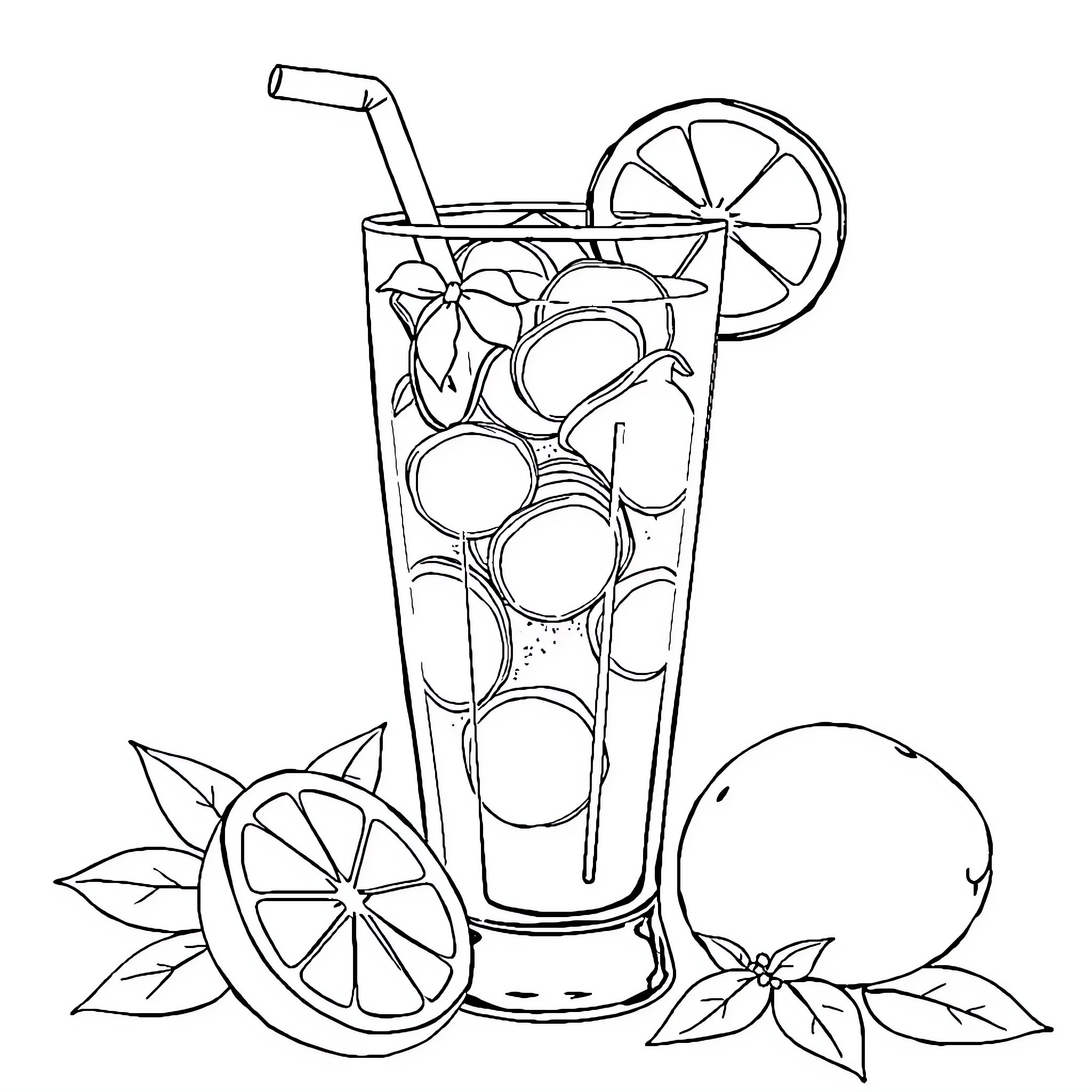 Lemon Beverage with Slices and Leaves Coloring Page (free black-and-white line drawing printable PDF for all, from beginners to advanced learners, including children, teens, adults, and seniors)