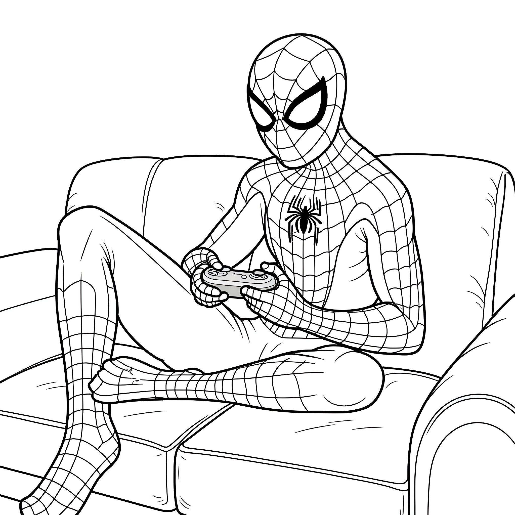 Spider-Man relaxing and playing video games Coloring Page (free black-and-white line drawing printable PDF for all, from beginners to advanced learners, including children, teens, adults, and seniors)