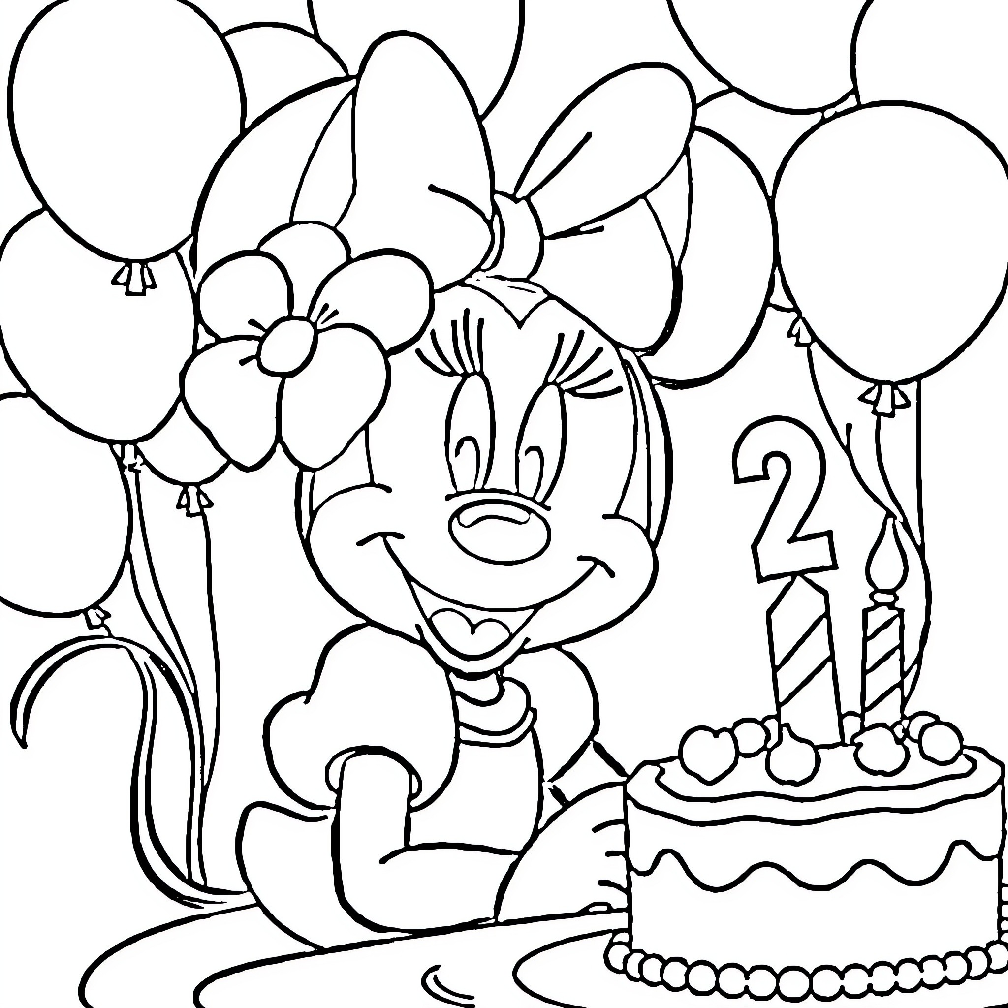 Minnie Mouse Celebrating Her Birthday with Balloons and Cake Coloring Page (free black-and-white line drawing printable PDF for all, from beginners to advanced learners, including children, teens, adults, and seniors)