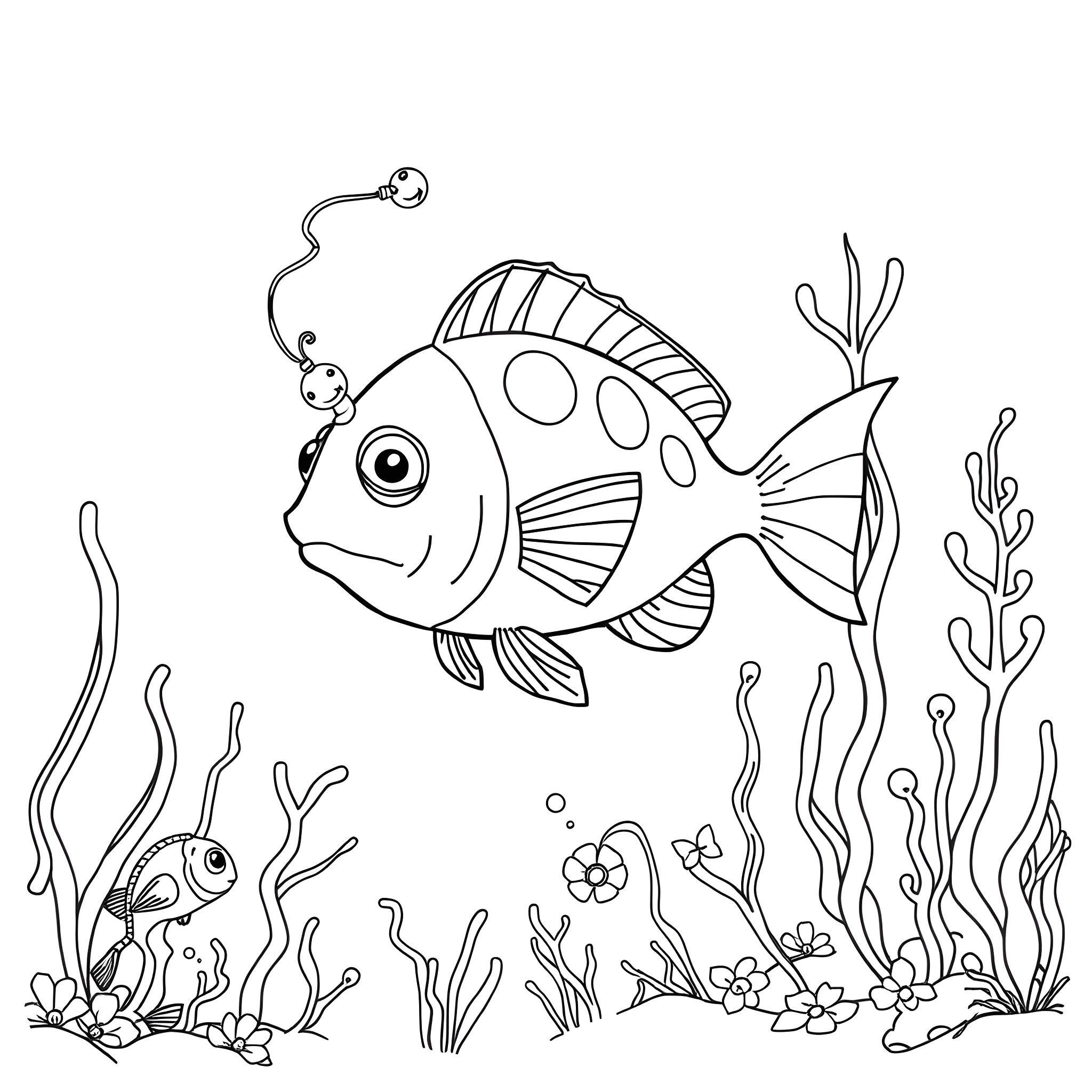 Anglerfish swimming among ocean plants Coloring Page (free black-and-white line drawing printable PDF for all, from beginners to advanced learners, including children, teens, adults, and seniors)