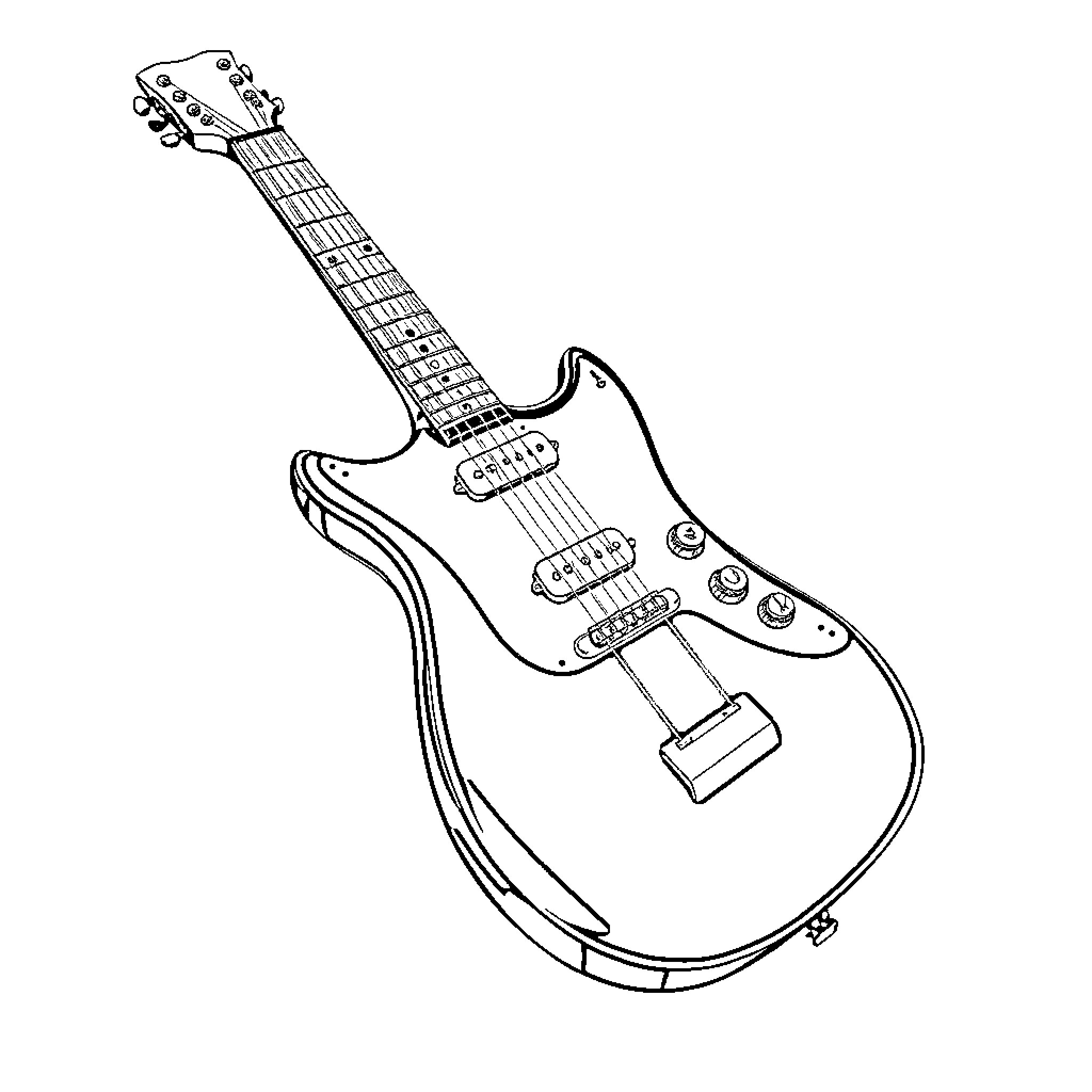 Guitar in Detailed Line Art Illustration Coloring Page (free black-and-white line drawing printable PDF for all, from beginners to advanced learners, including children, teens, adults, and seniors)