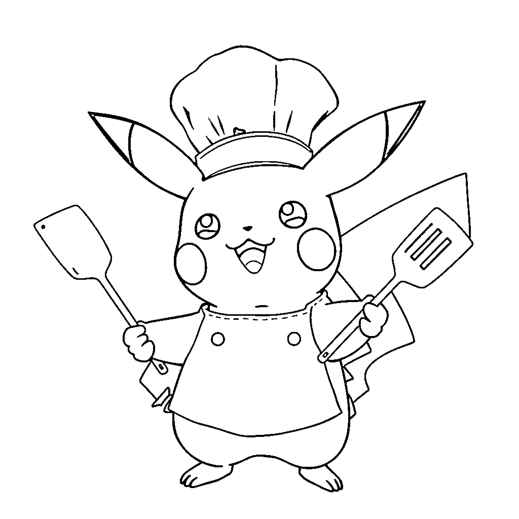 Pikachu the Energetic Chef Coloring Page (free black-and-white line drawing printable PDF for all, from beginners to advanced learners, including children, teens, adults, and seniors)