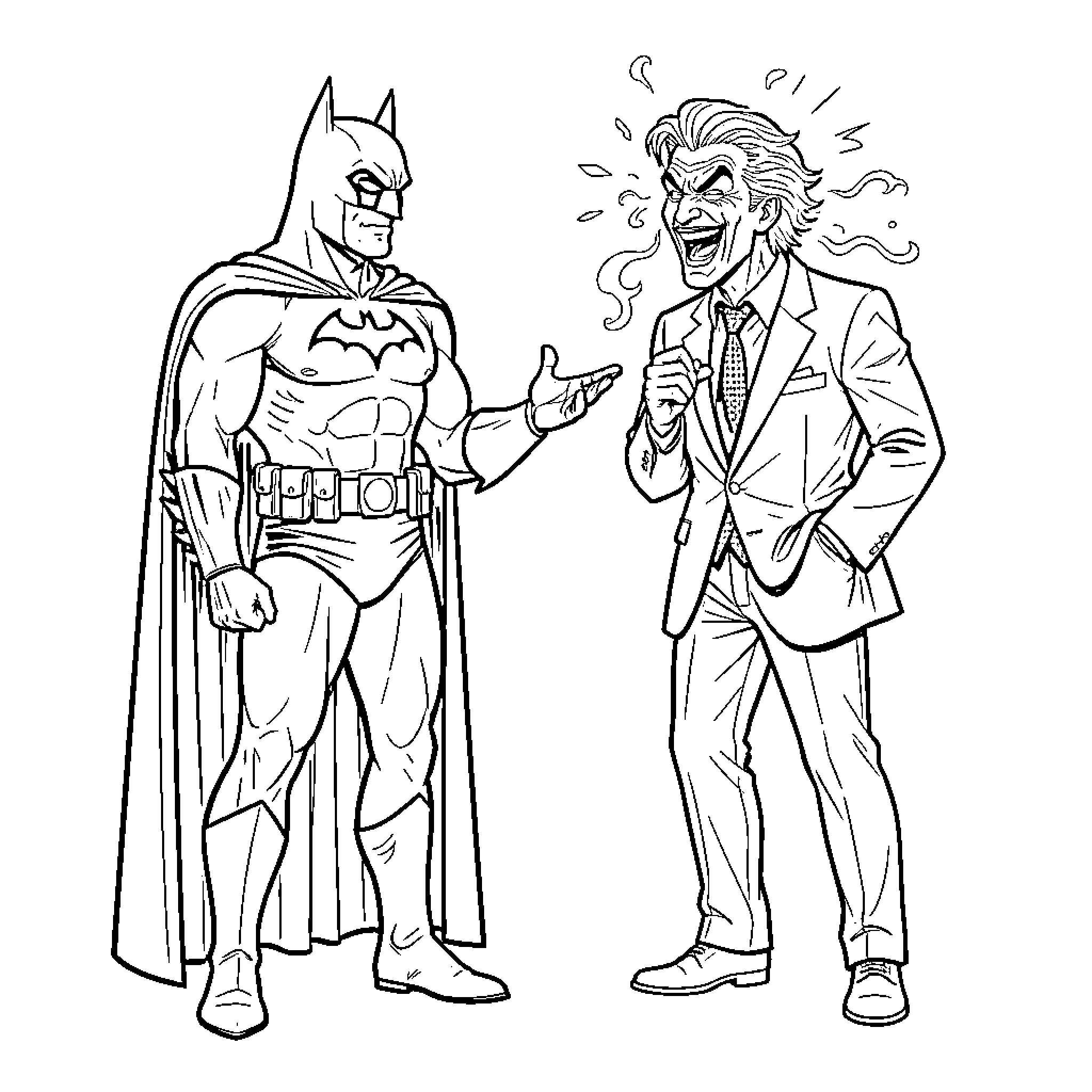 Batman confronting a laughing villain in a suit Coloring Page (free black-and-white line drawing printable PDF for all, from beginners to advanced learners, including children, teens, adults, and seniors)