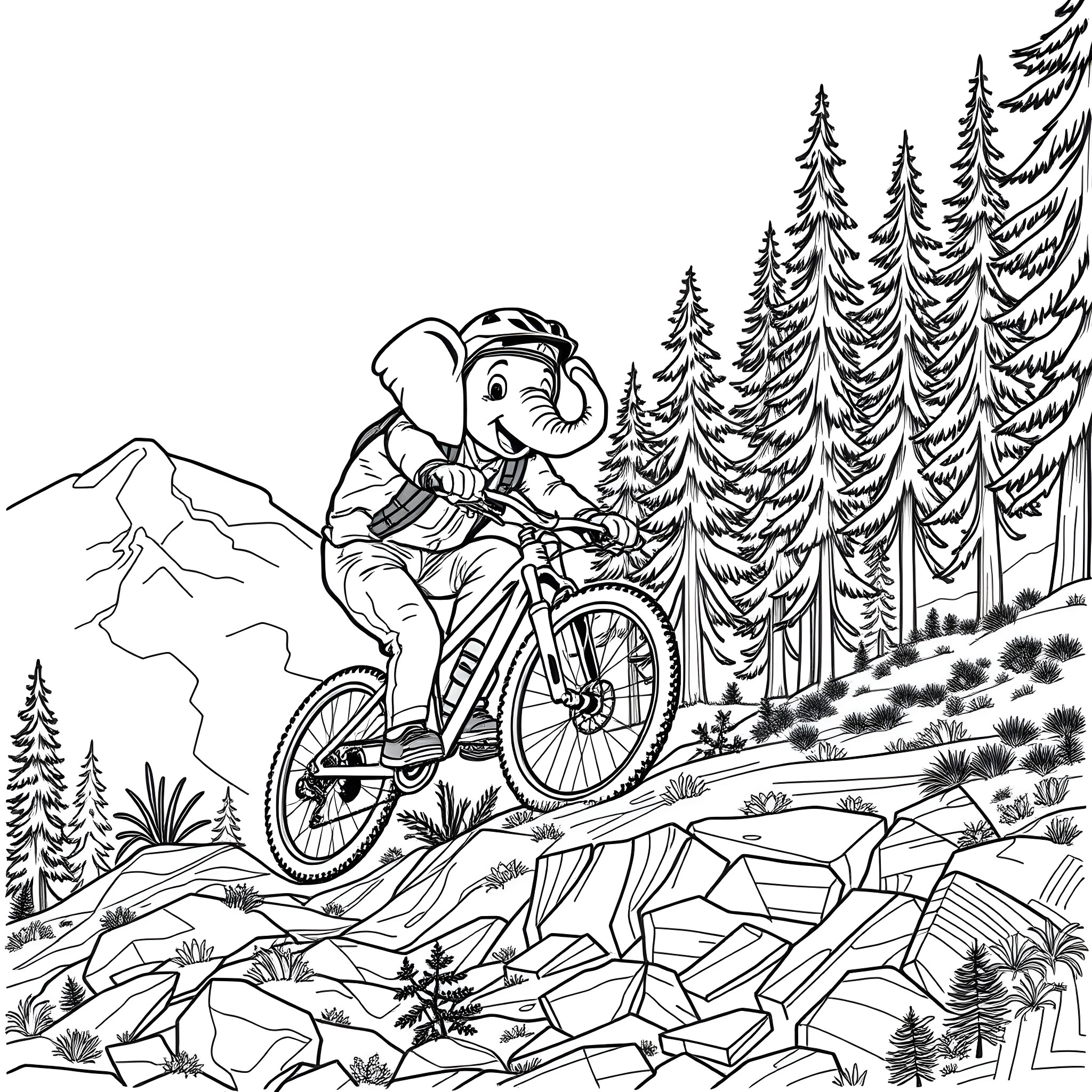 Elephant riding a bicycle through the forest Coloring Page (free black-and-white line drawing printable PDF for all, from beginners to advanced learners, including children, teens, adults, and seniors)