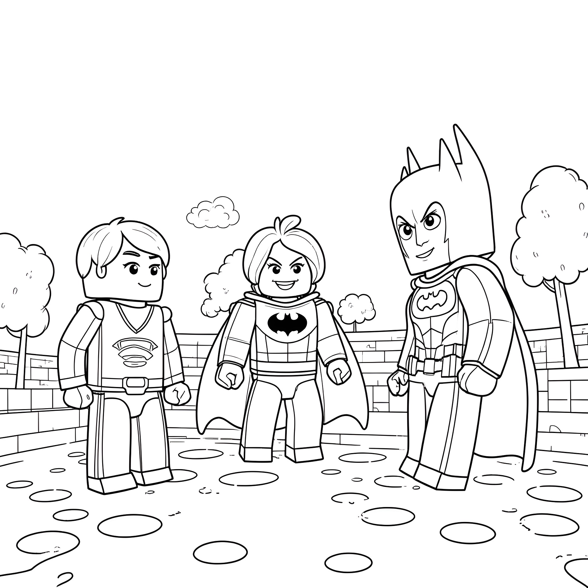 Minecraft superheroes in action Coloring Page (free black-and-white line drawing printable PDF for all, from beginners to advanced learners, including children, teens, adults, and seniors)
