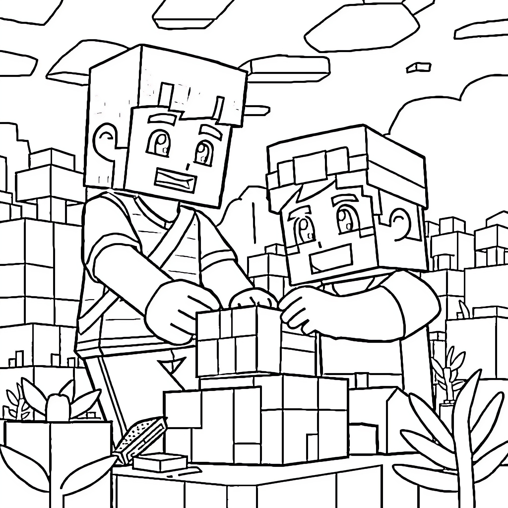 Minecraft characters shaking hands in a cityscape Coloring Page (free black-and-white line drawing printable PDF for all, from beginners to advanced learners, including children, teens, adults, and seniors)