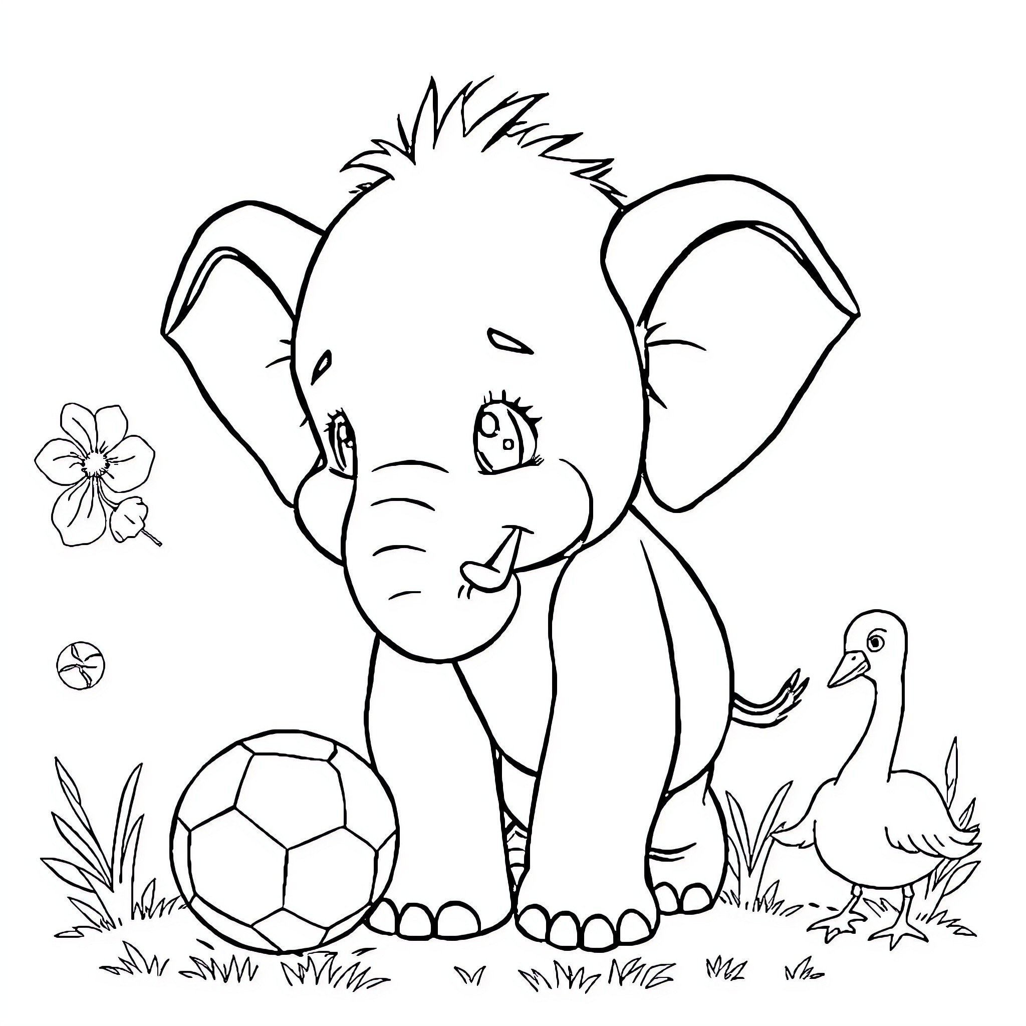 Elephant playing with toys in a natural setting Coloring Page (free black-and-white line drawing printable PDF for all, from beginners to advanced learners, including children, teens, adults, and seniors)