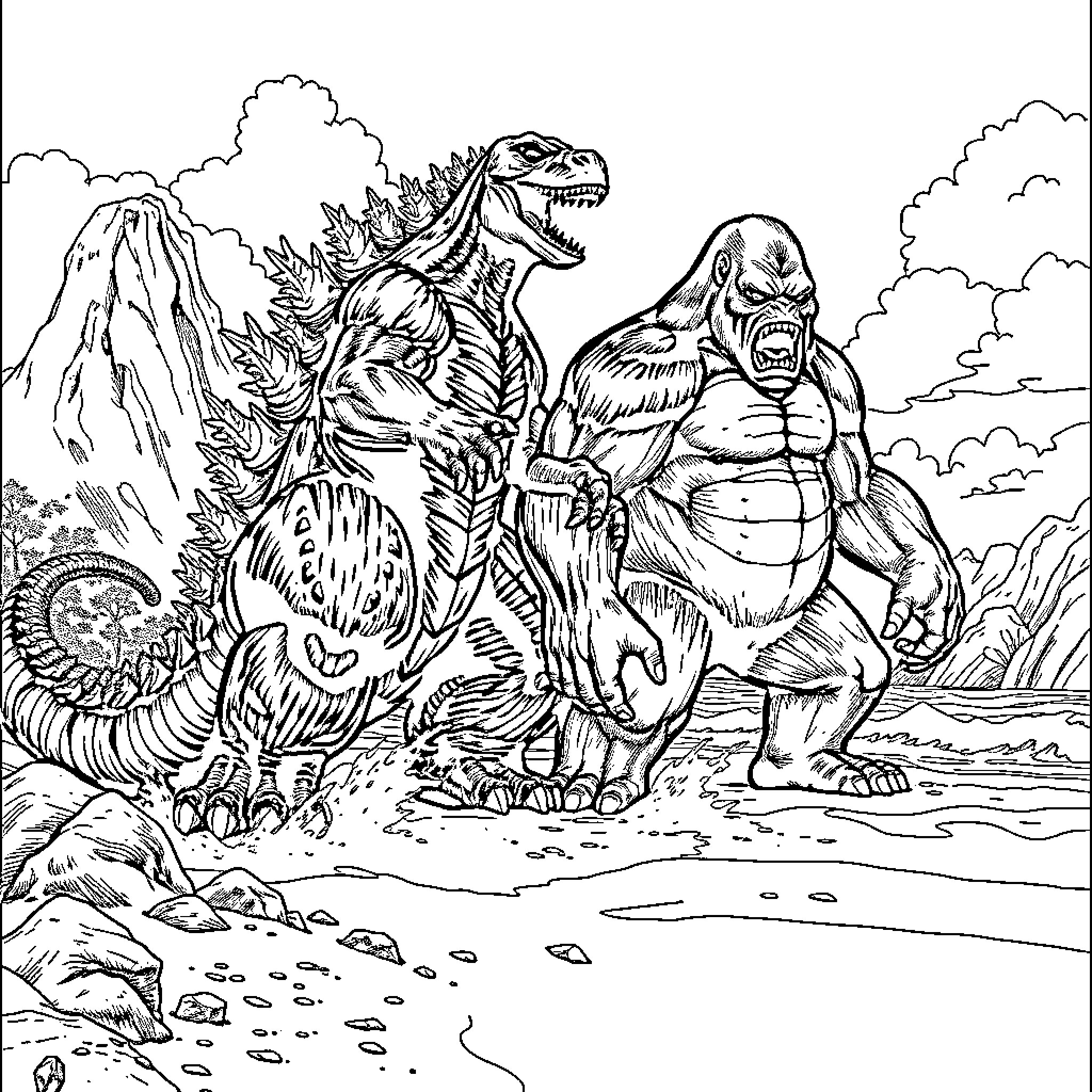 Godzilla and King Kong battling in a rugged landscape Coloring Page (free black-and-white line drawing printable PDF for all, from beginners to advanced learners, including children, teens, adults, and seniors)