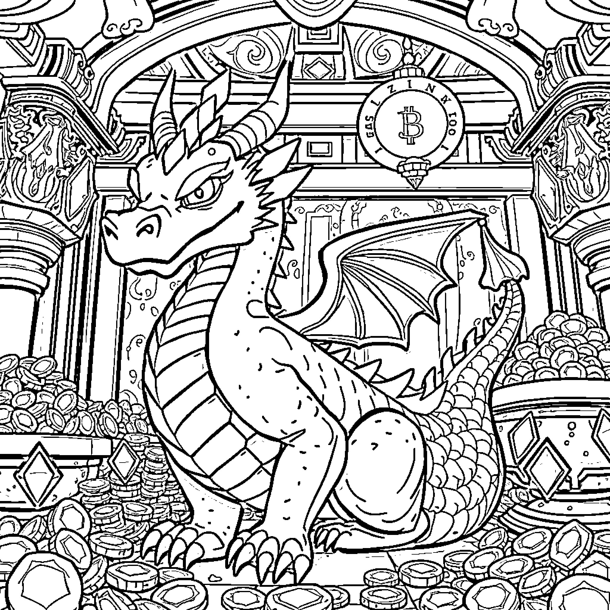 Dragon guarding a hoard of treasures Coloring Page (free black-and-white line drawing printable PDF for all, from beginners to advanced learners, including children, teens, adults, and seniors)
