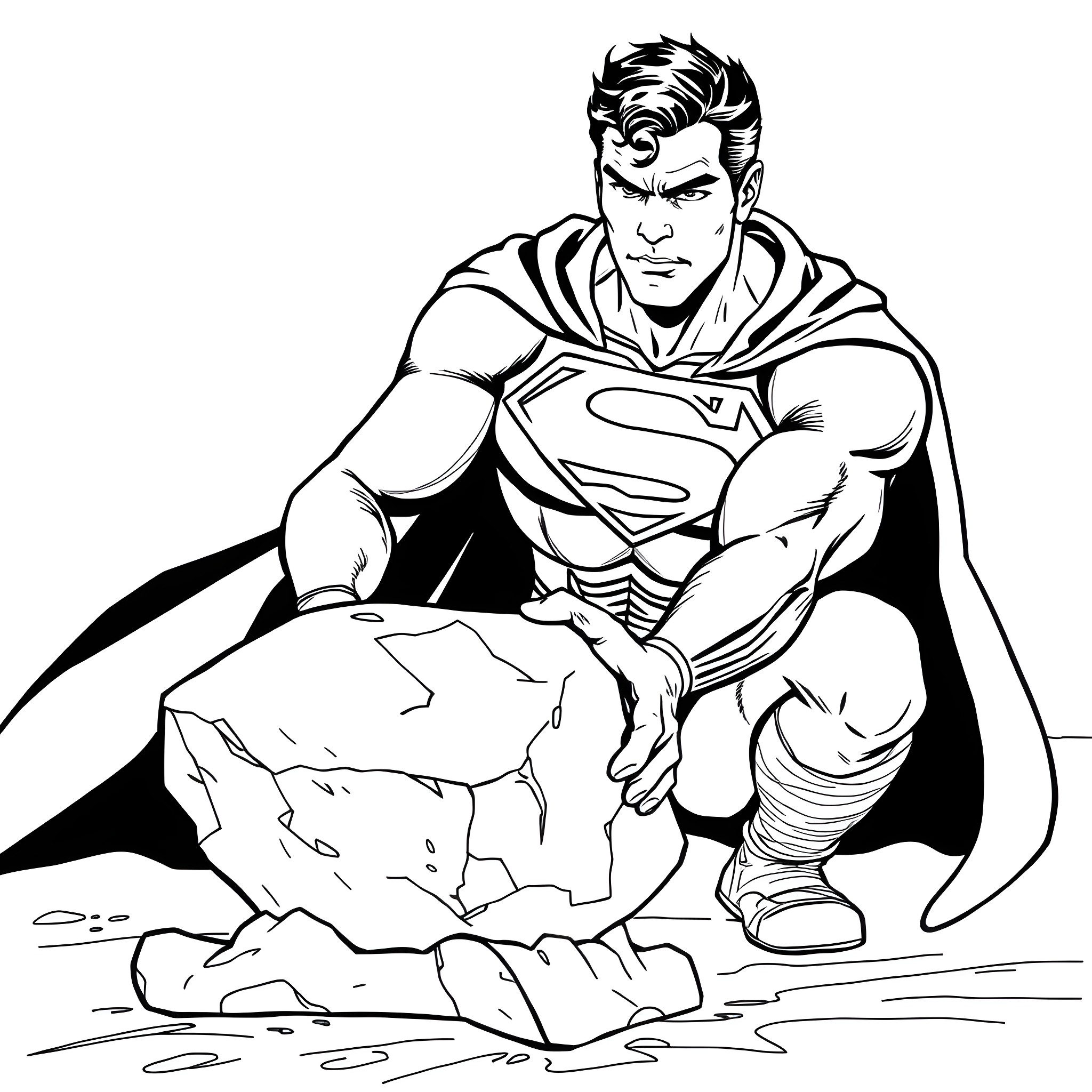 Superman heroically lifting a large boulder Coloring Page (free black-and-white line drawing printable PDF for all, from beginners to advanced learners, including children, teens, adults, and seniors)