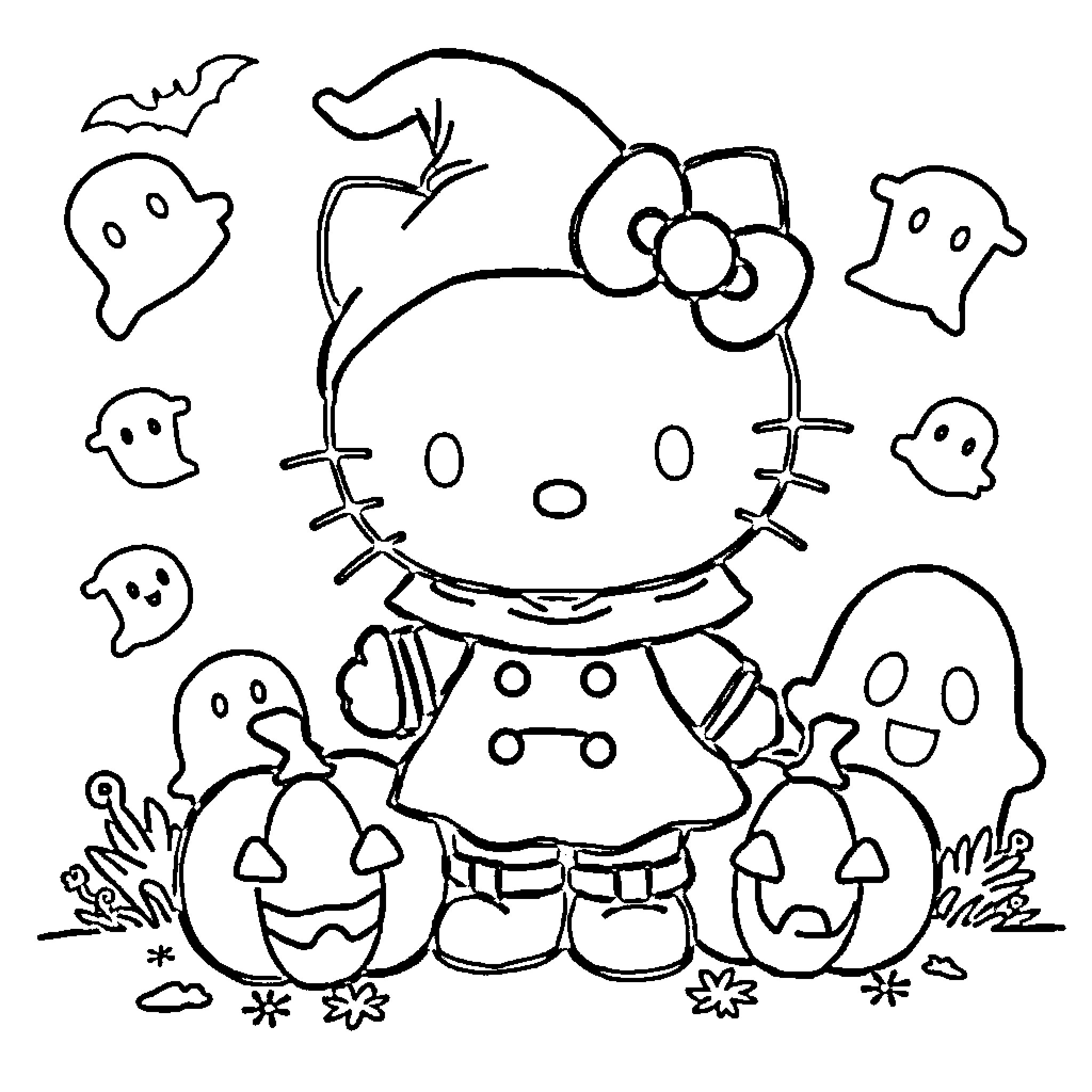 Hello Kitty enjoying Halloween with friends Coloring Page (free black-and-white line drawing printable PDF for all, from beginners to advanced learners, including children, teens, adults, and seniors)
